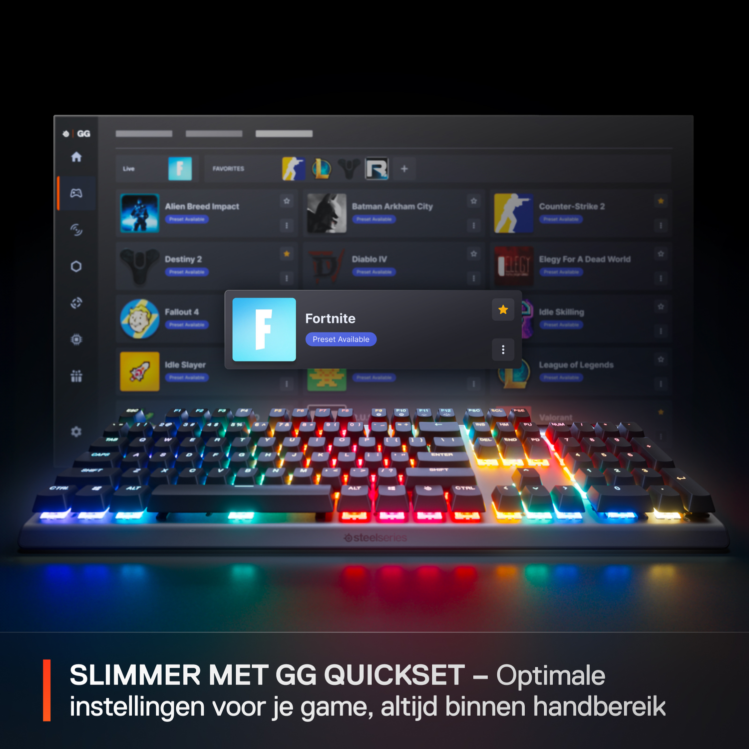 Keyboard with a screen displaying game app icons, and colorful backlit keys, black background.