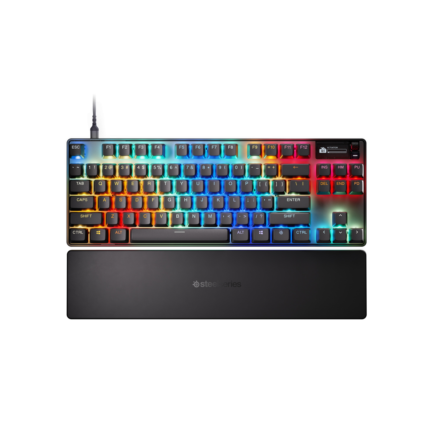 Keyboard with wrist rest and colorful backlit keys, black cable, white background.