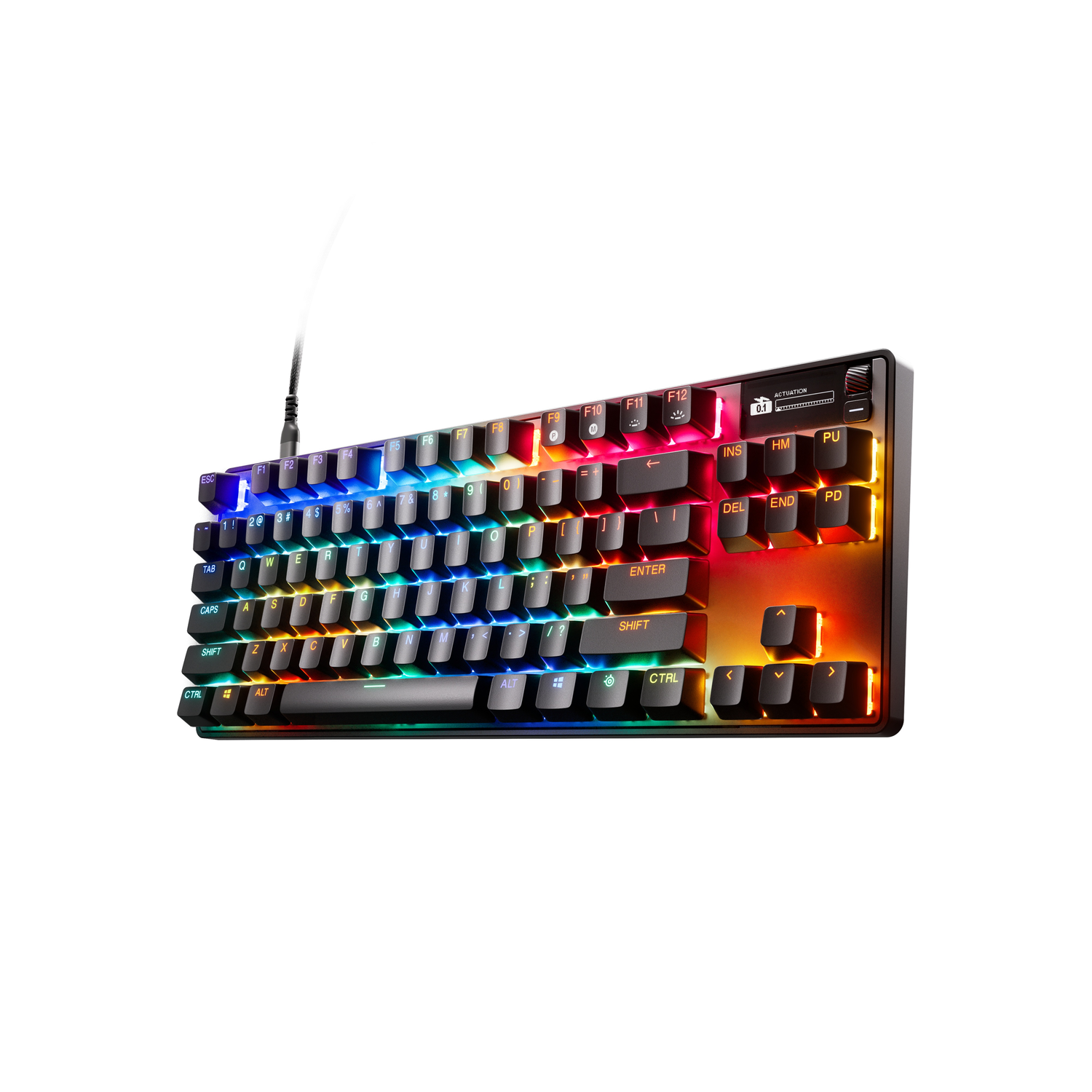 Angled view of a keyboard with colorful backlit keys and a black cable, white background.