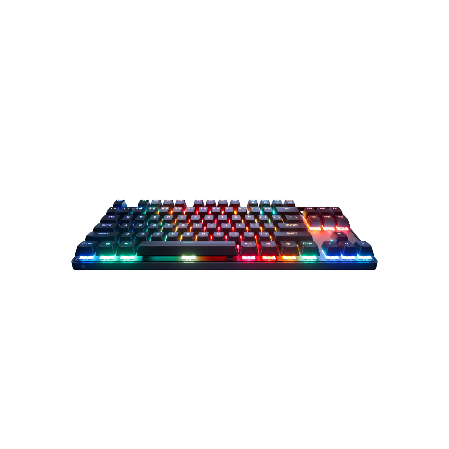 Keyboard from a low angle view, with colorful backlit keys and a black cable, white background.