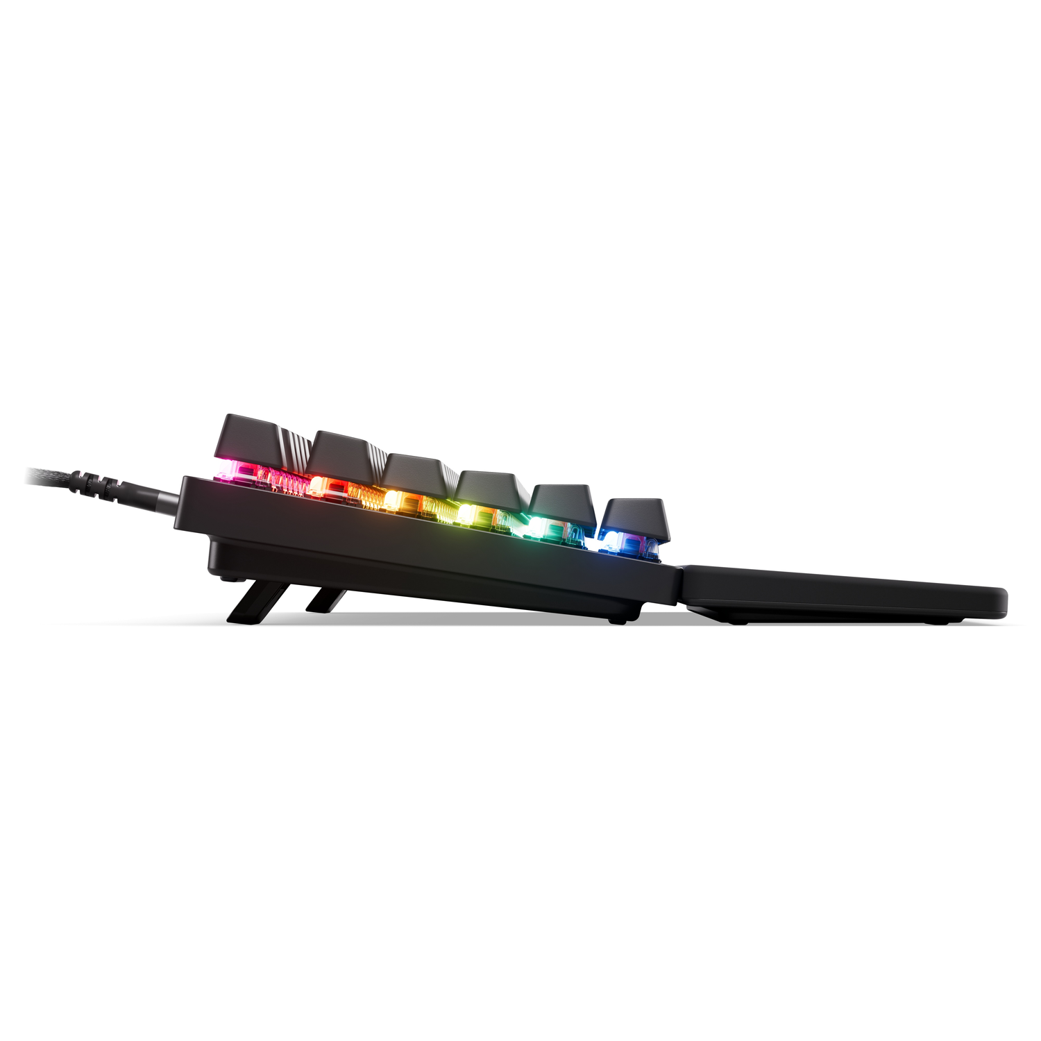Black keyboard side view with colorful backlit keys, black cable, and white background.