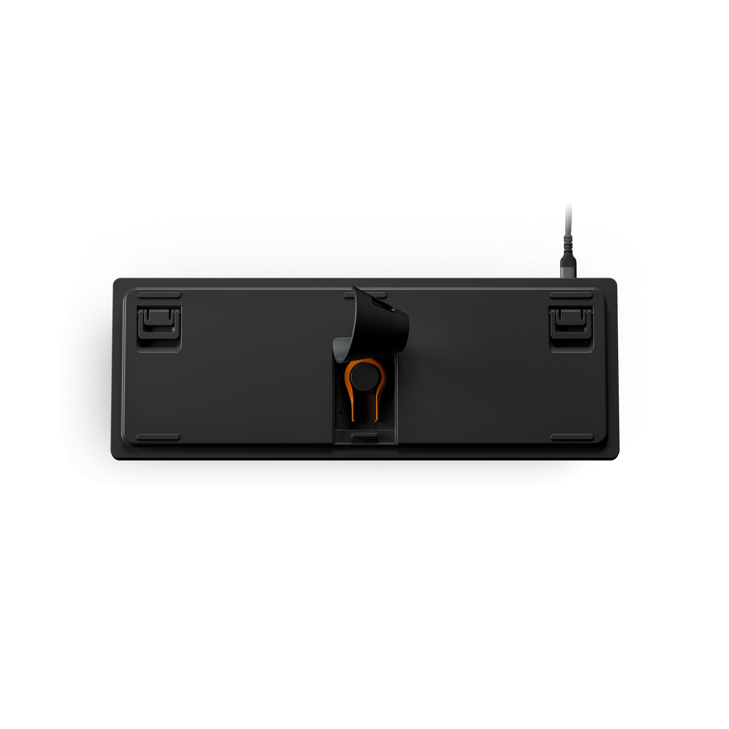 Keyboard bottom view, with black plastic and rubber pads, and an orange adjustment feature.