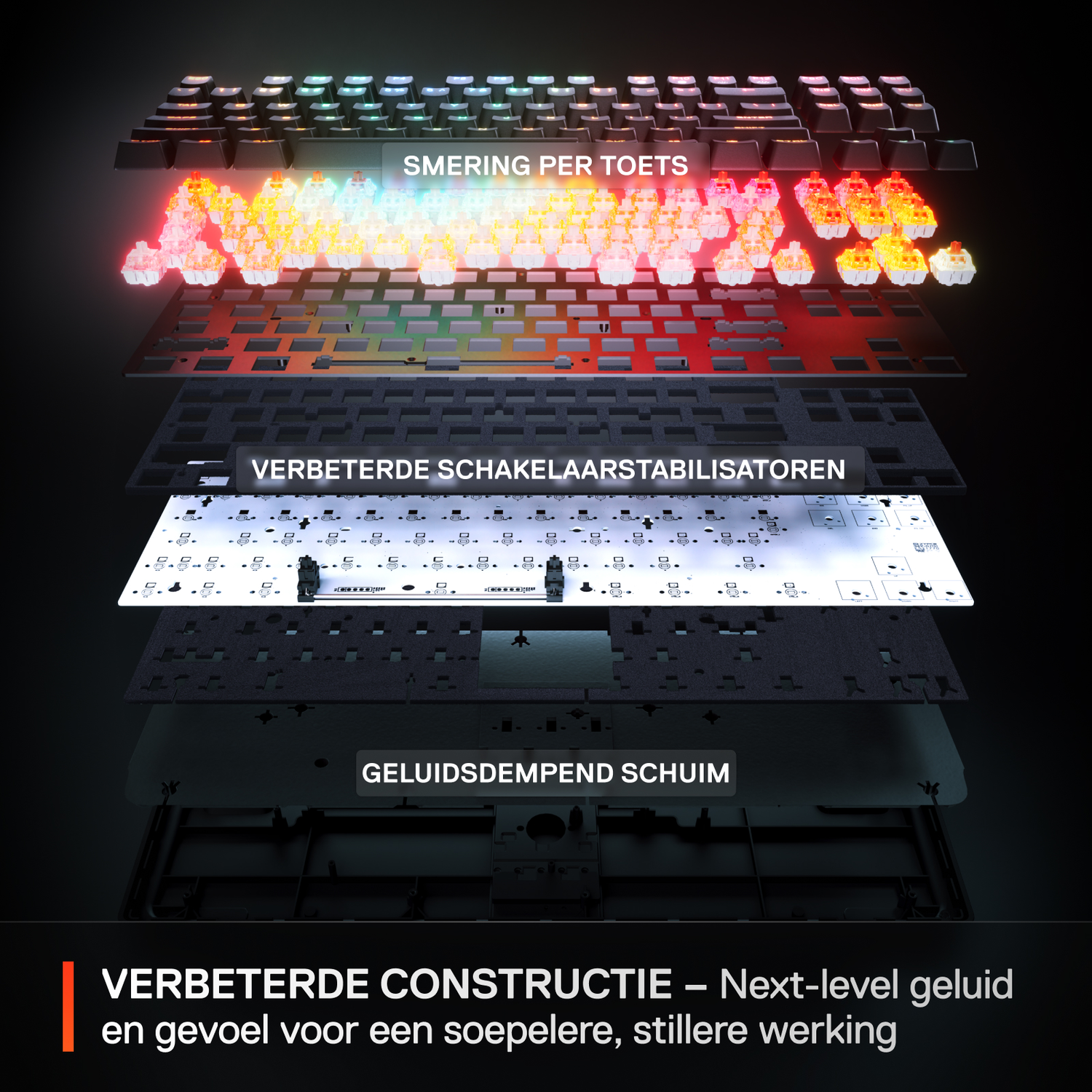 Exploded view of keyboard showing layers and components, with glowing keys and black background.