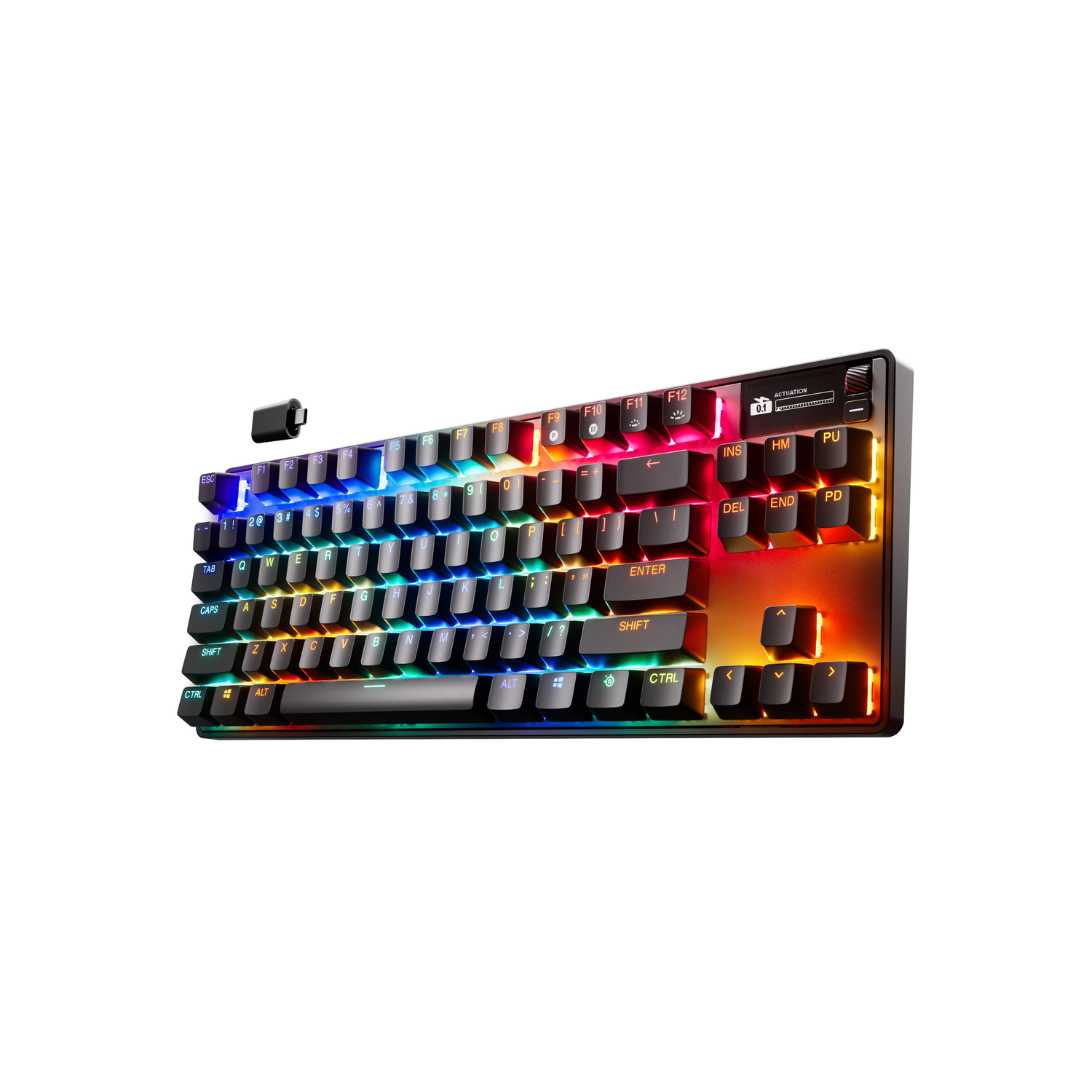 A black and red keyboard with RGB lighting.