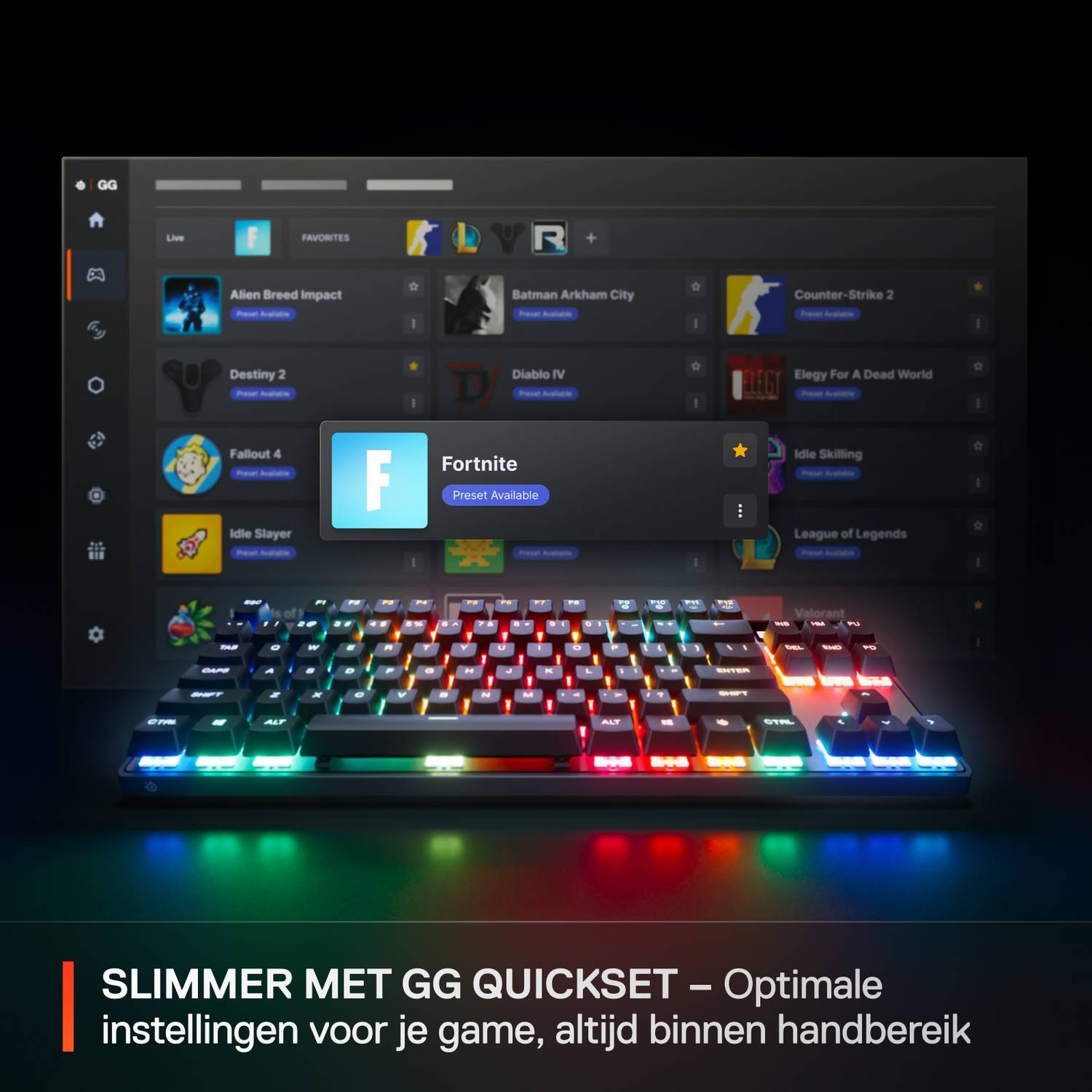 A gaming keyboard with colorful lights, with a game interface on a monitor.