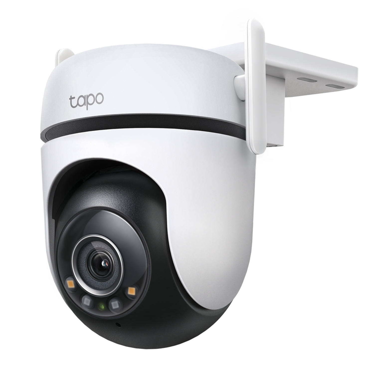 White Tapo outdoor security camera mounted to a white surface.