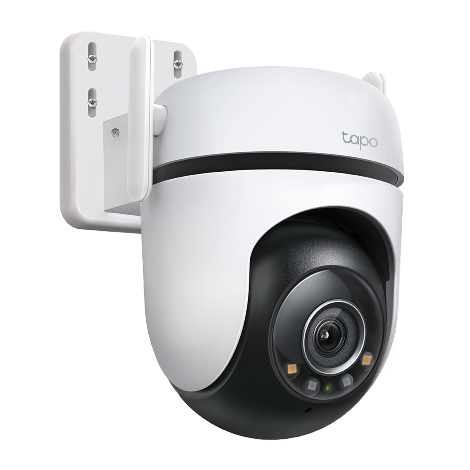 White Tapo outdoor security camera mounted to a white surface.
