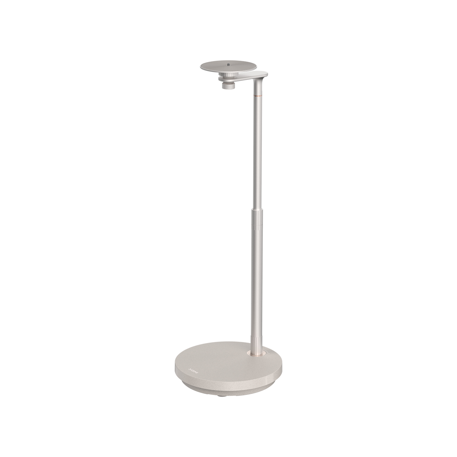 Un pied blanc avec une base ronde, un poteau central et un petit disque au sommet.