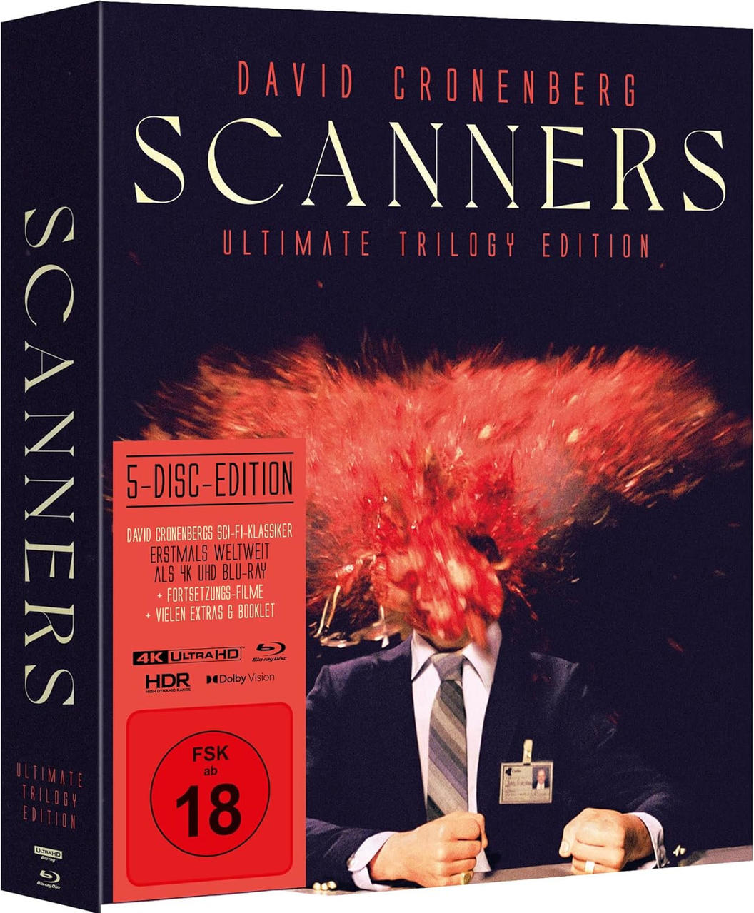 Filmcover von 'Scanners'. Ein explodierender Kopf. Rote und schwarze Töne.