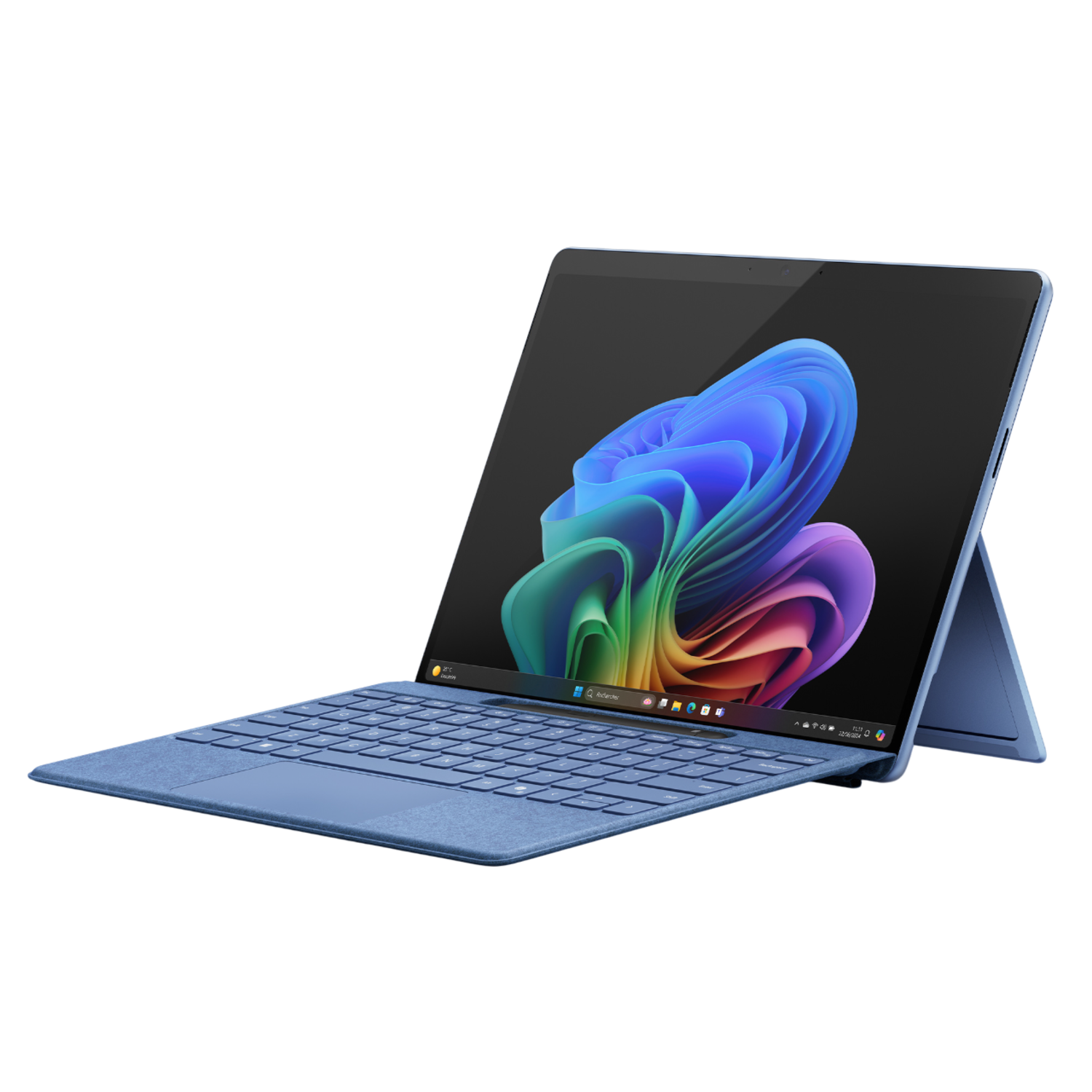 Blue laptop with a keyboard cover. The screen displays a colorful abstract image. It's on a stand.