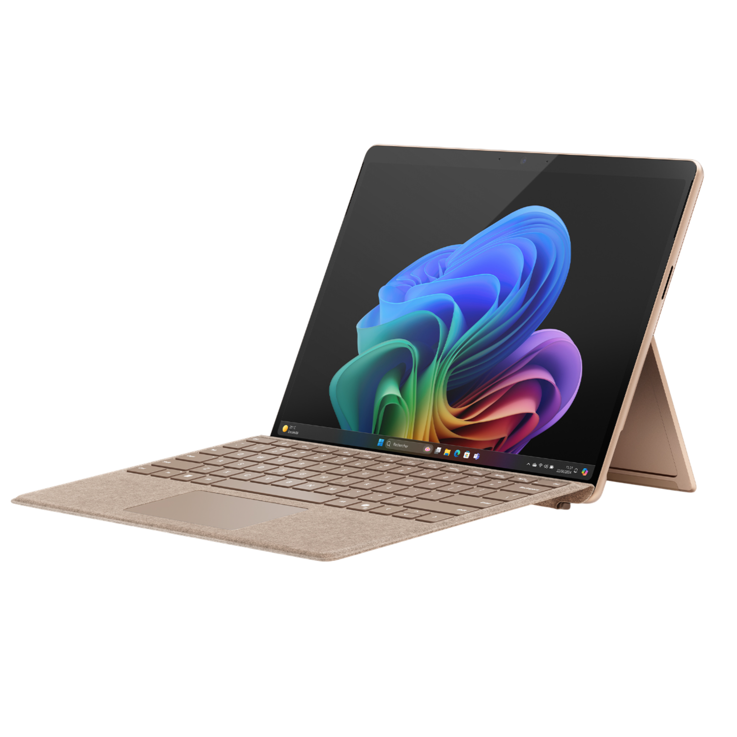 Gold laptop open on a stand with a colorful screen and a keyboard.