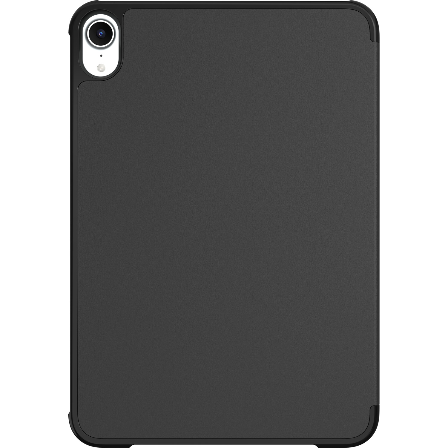 Black tablet case. Shows the back, with camera and rounded corners. Plain, smooth surface.