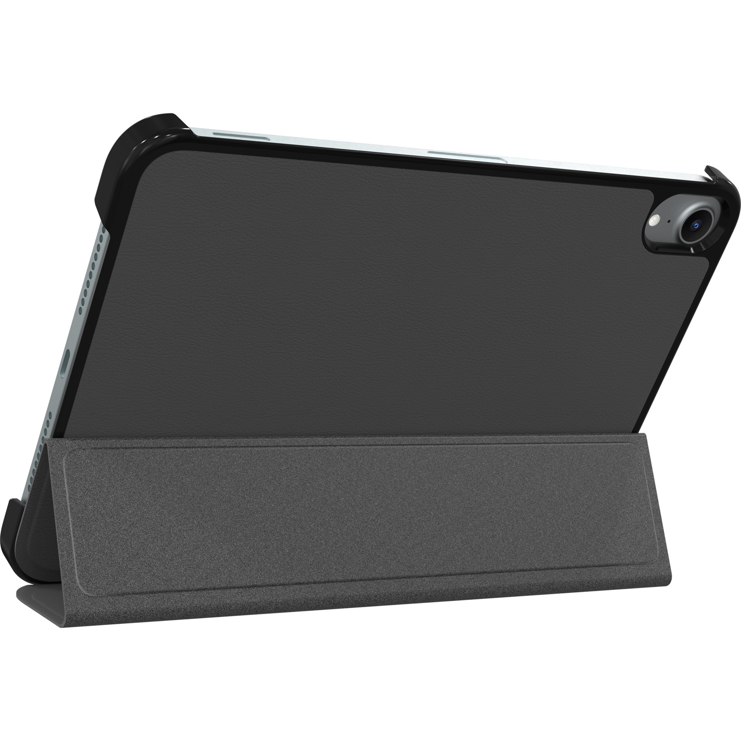 Black iPad with case, folded as a stand. Dark gray cover. White background.
