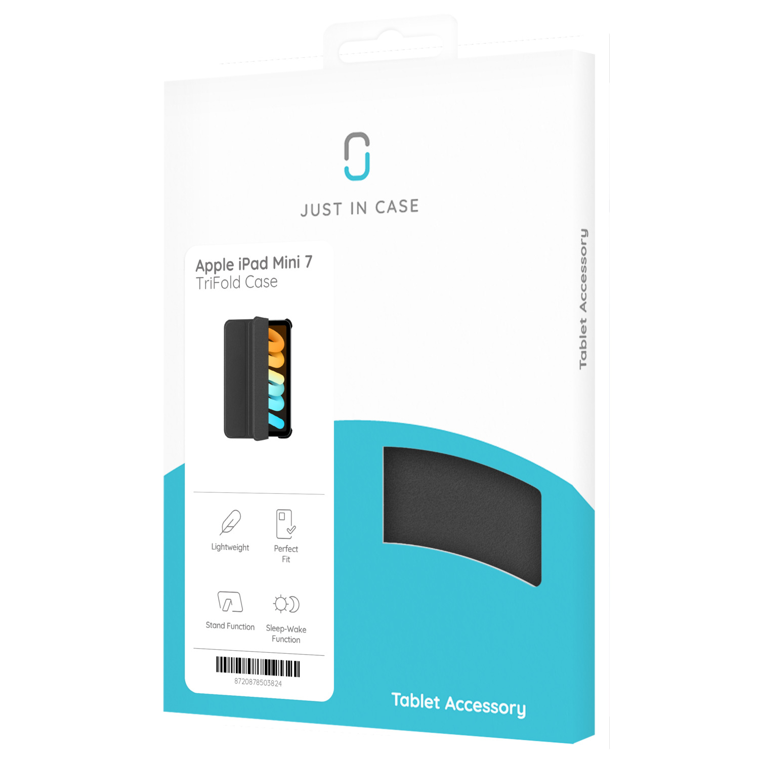 White box with an image of an iPad case. Text reads, 'JUST IN CASE' and 'Tablet Accessory'.
