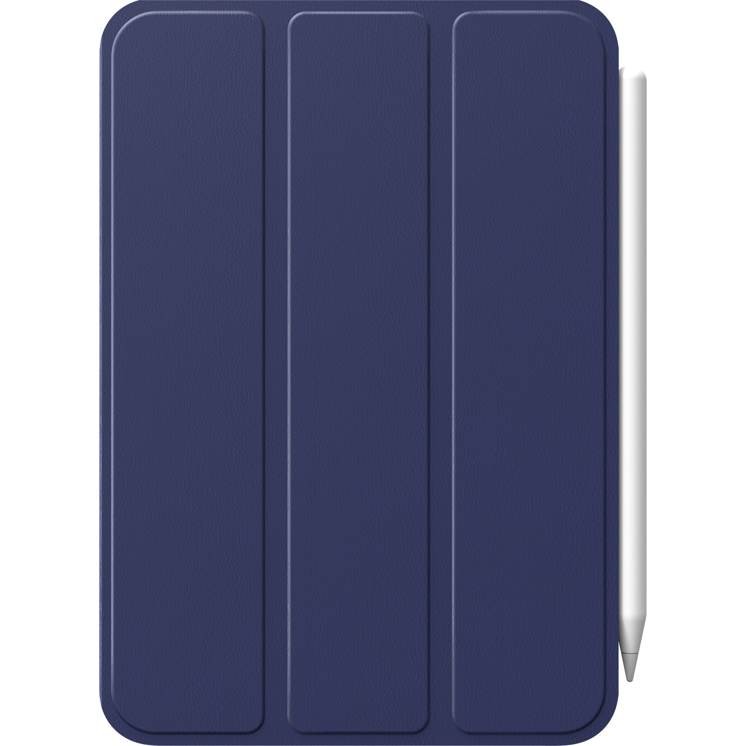 Navy blue iPad case, three panels, white stylus on the side. White background.
