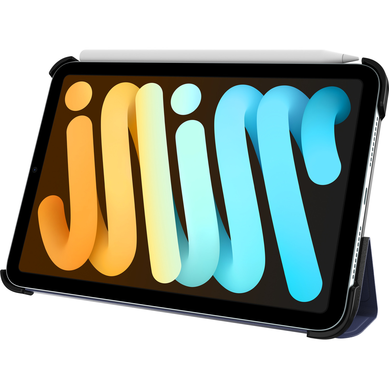 Tablet in a case, with a stylus on top. The screen shows colorful text.