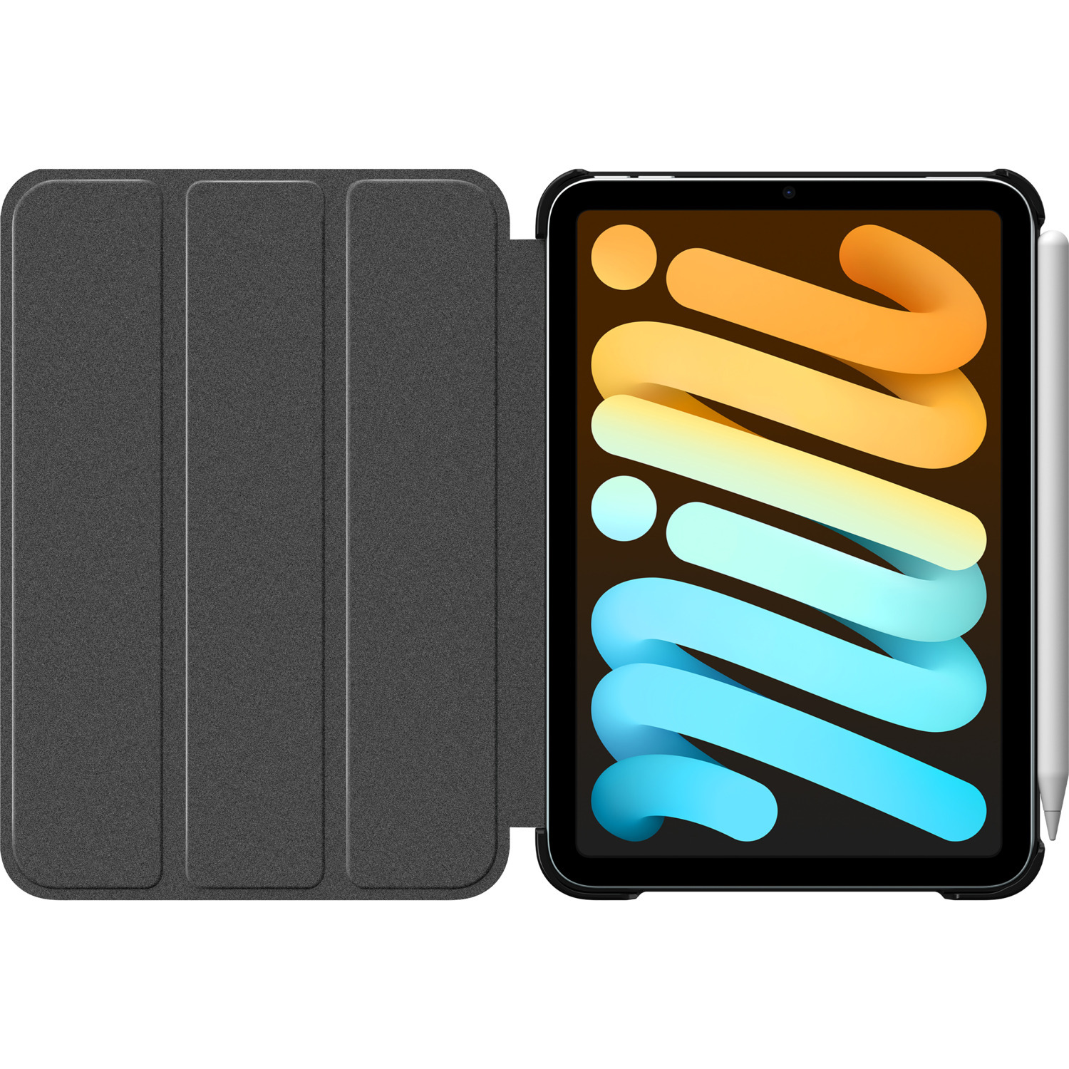 Black iPad with colorful logo, open case, white stylus. White background.