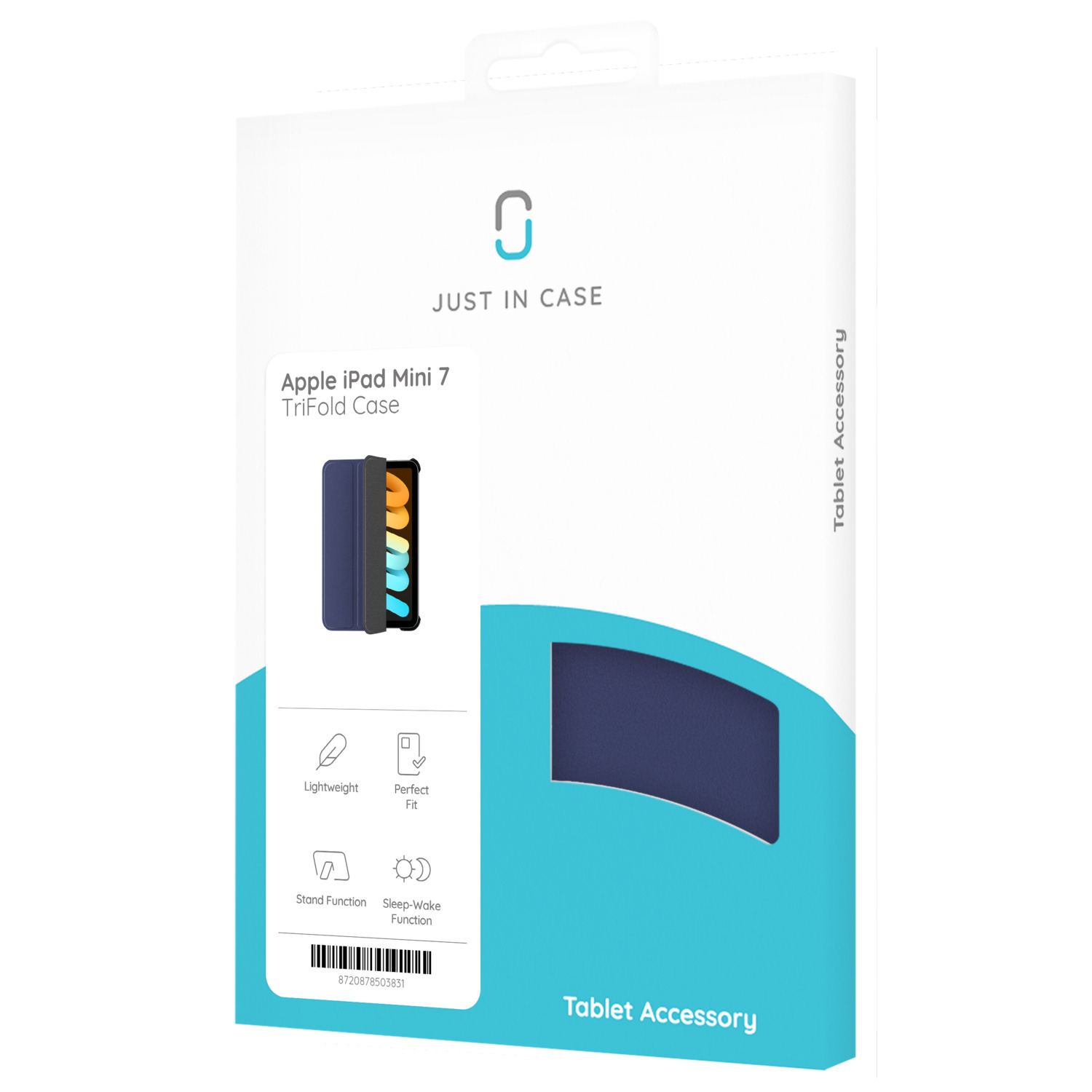 White box with an image of an iPad case. Text reads, 'JUST IN CASE' and 'Tablet Accessory'.
