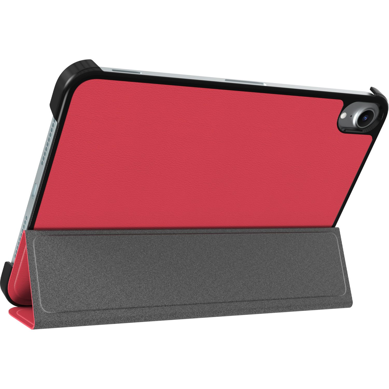 Red tablet in a gray and black case, propped up against its cover on a white background.