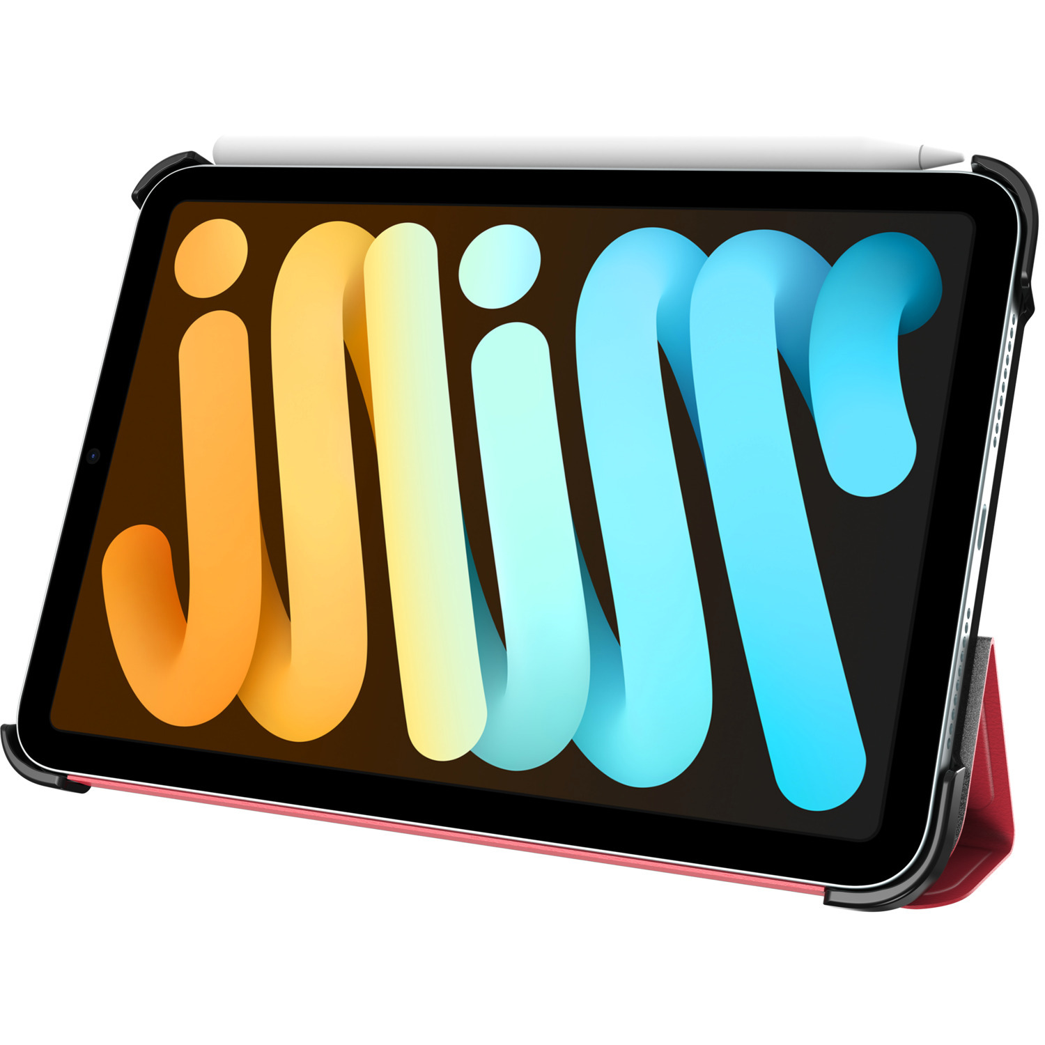 Black iPad with colorful logo, red case, white stylus, folded as stand. White background.
