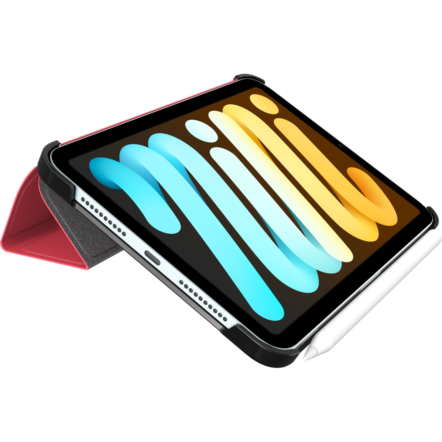 Black iPad, colorful logo, red case folded as stand, white stylus. White background.