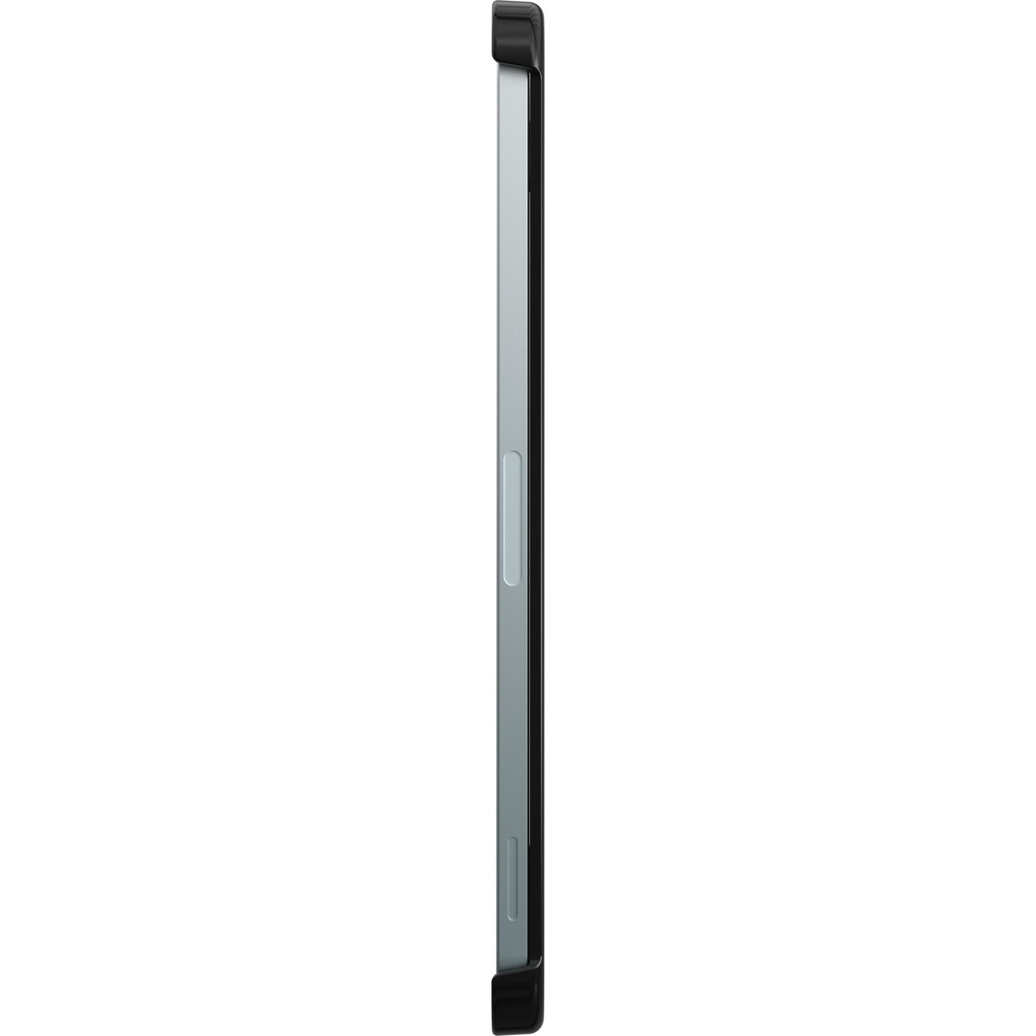 Silver and black phone case, slim, viewed from the side.