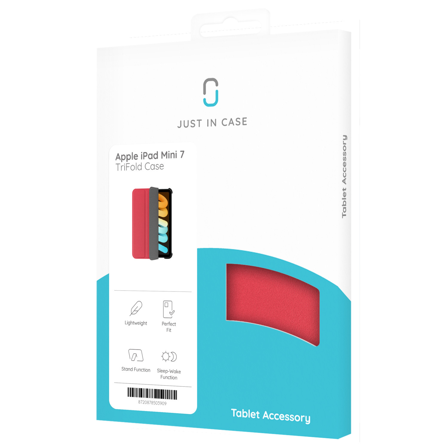 White box with image of an iPad case, red inside. Text says, 'JUST IN CASE' and 'Tablet Accessory'.