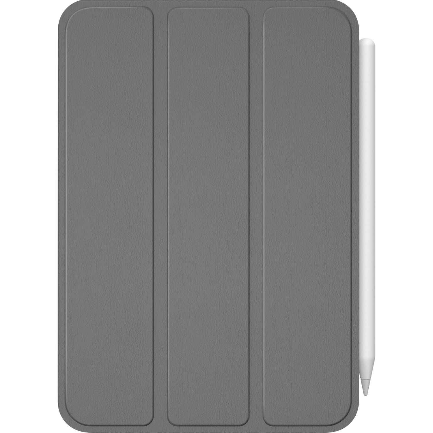 Gray iPad case, three panels, white stylus on the side. White background.