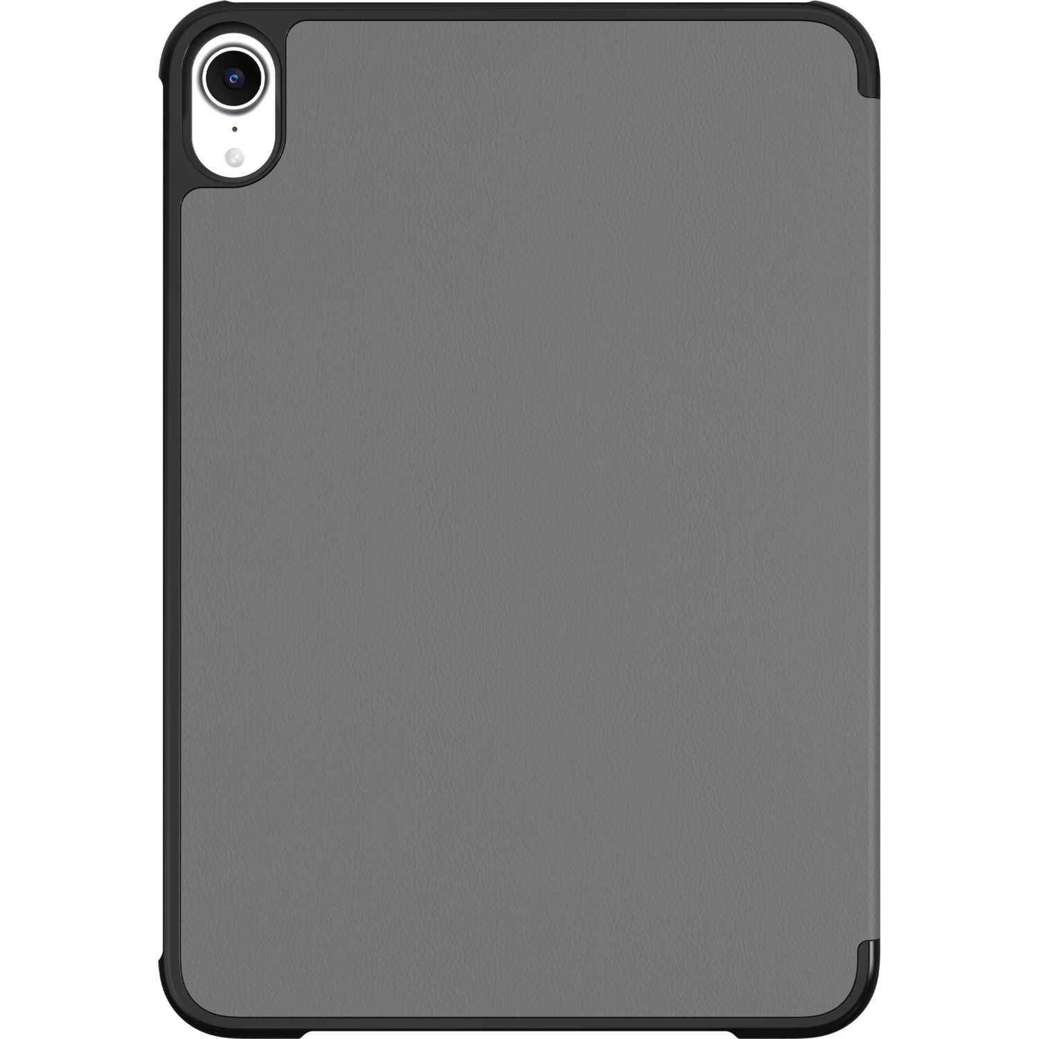 Gray iPad, black case, camera visible, back view. White background.