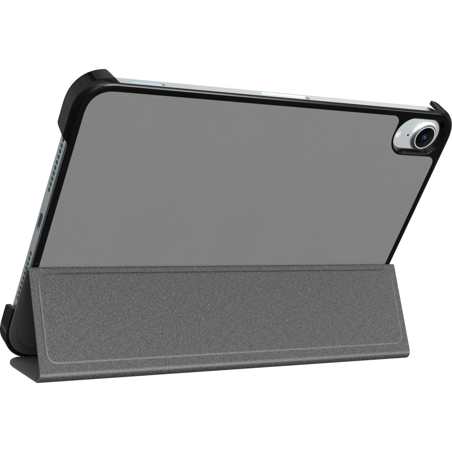 Gray iPad with case, folded as a stand. Dark gray cover. White background.