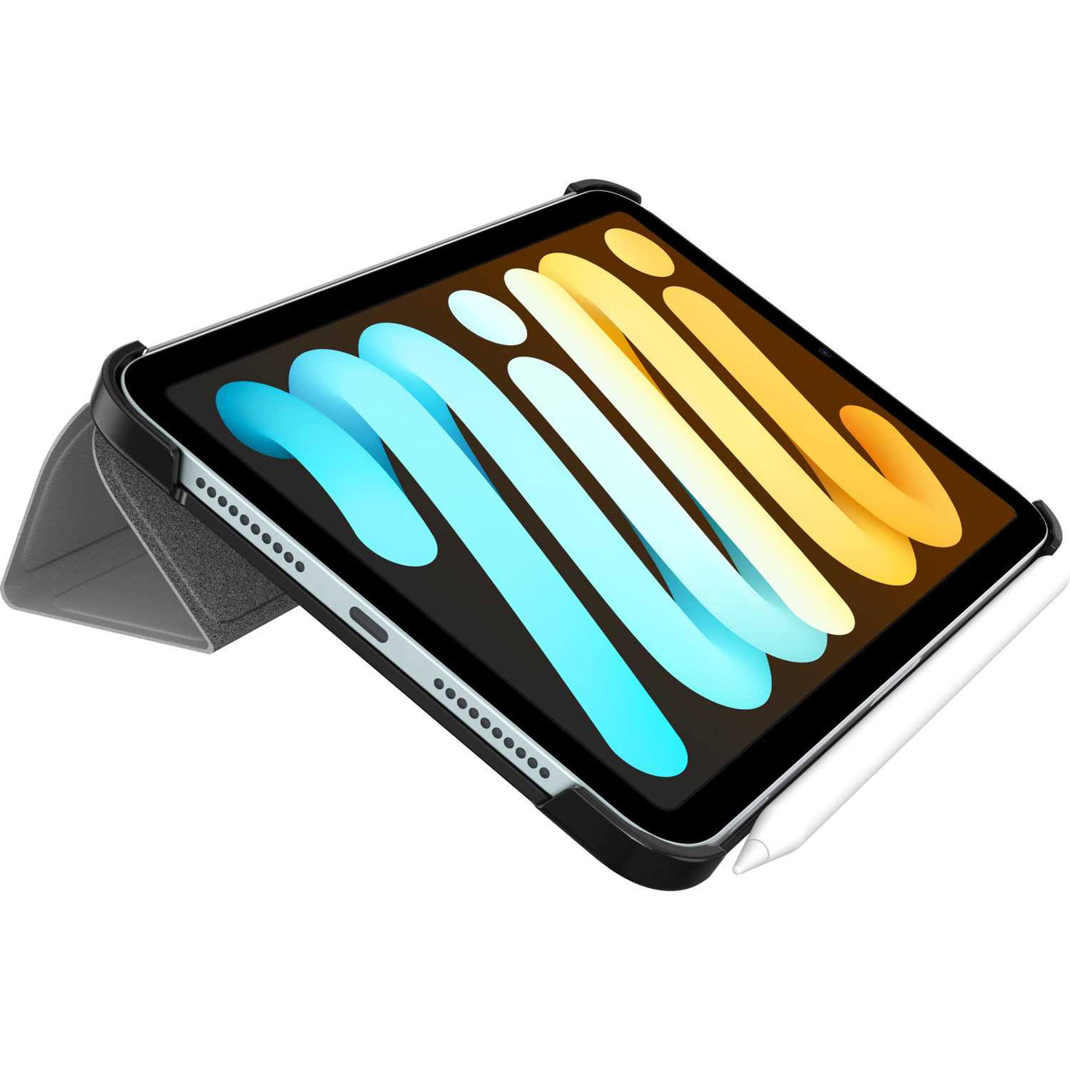 Black iPad, colorful logo, white stylus, black case folded as stand. White background.