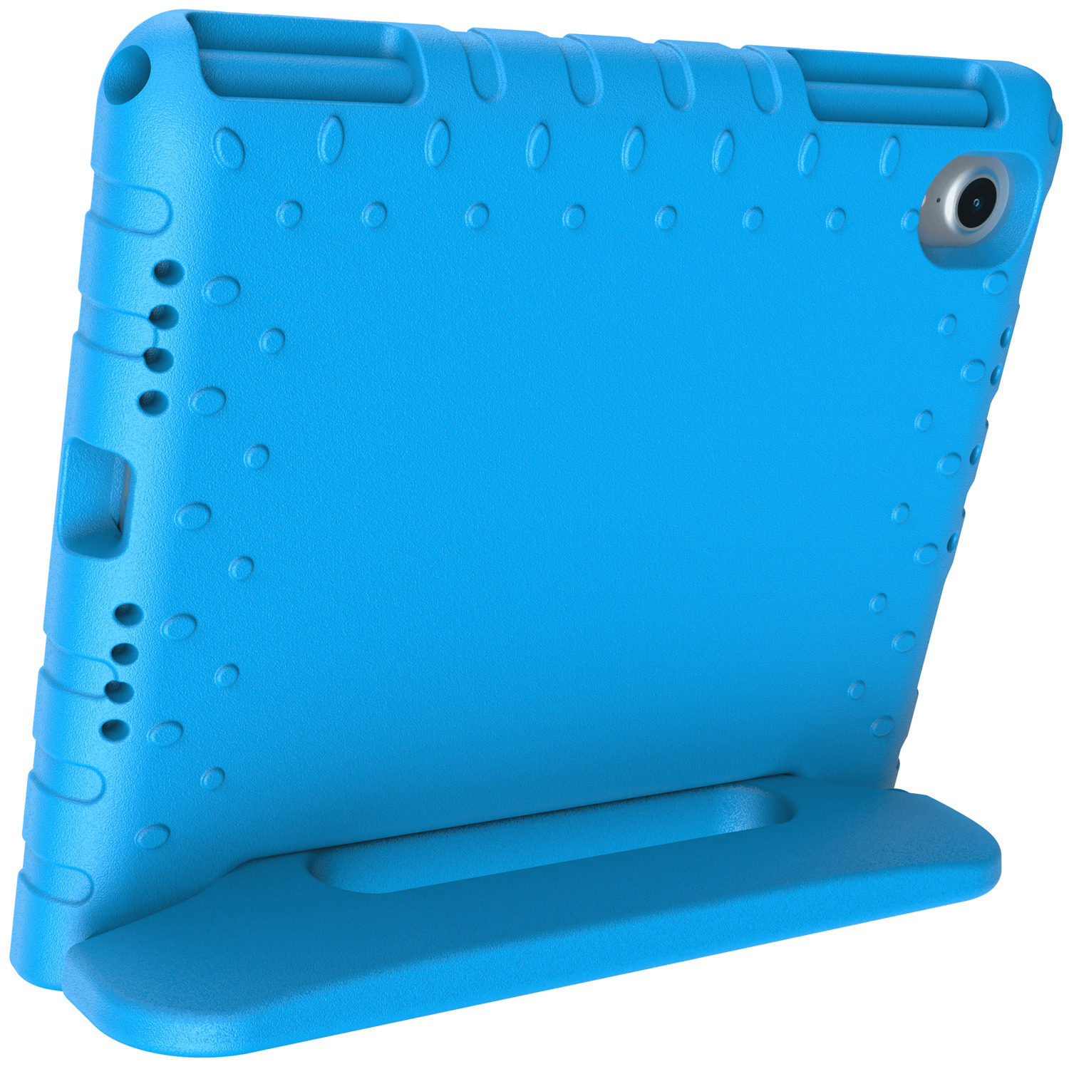 Un étui bleu pour iPad mini avec support, appareil photo et poignée.