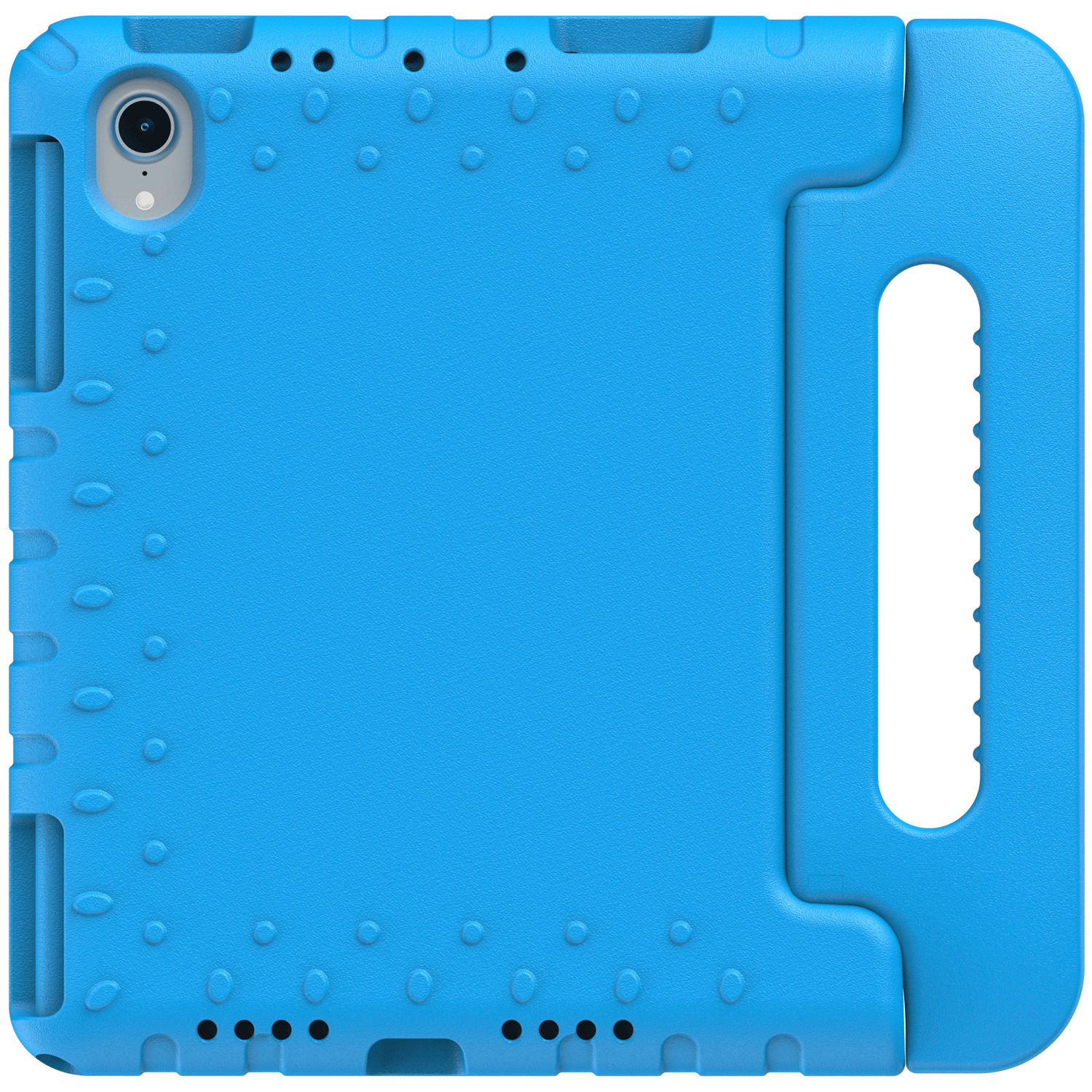 Étui bleu pour iPad mini. Il a un trou pour la caméra, une poignée et un support.