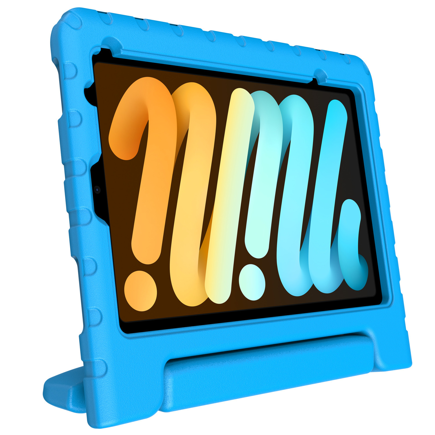 Étui bleu pour iPad mini, montrant l'écran avec un design orange et bleu.