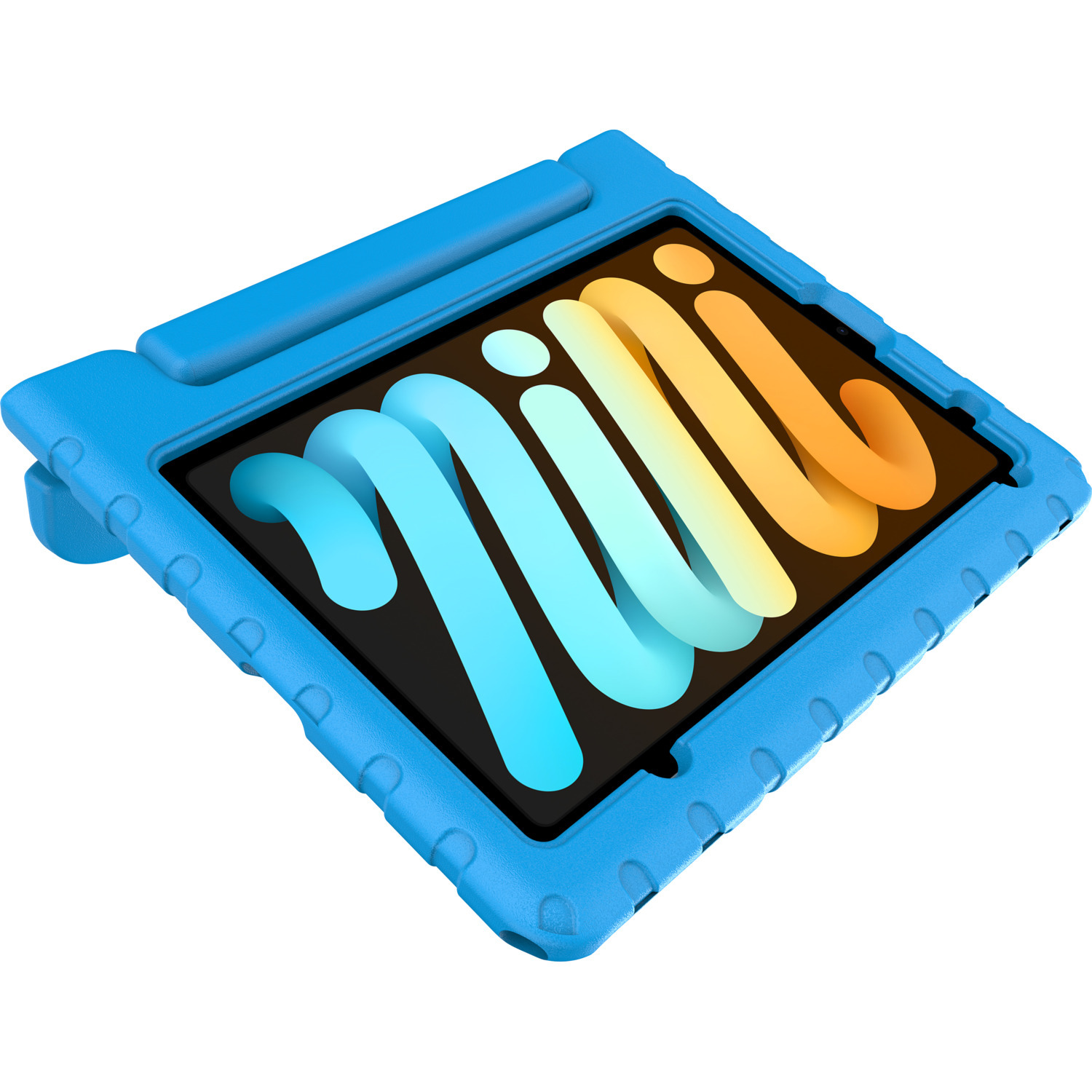 Étui bleu pour iPad mini avec support, montrant l'écran avec un design orange et bleu.