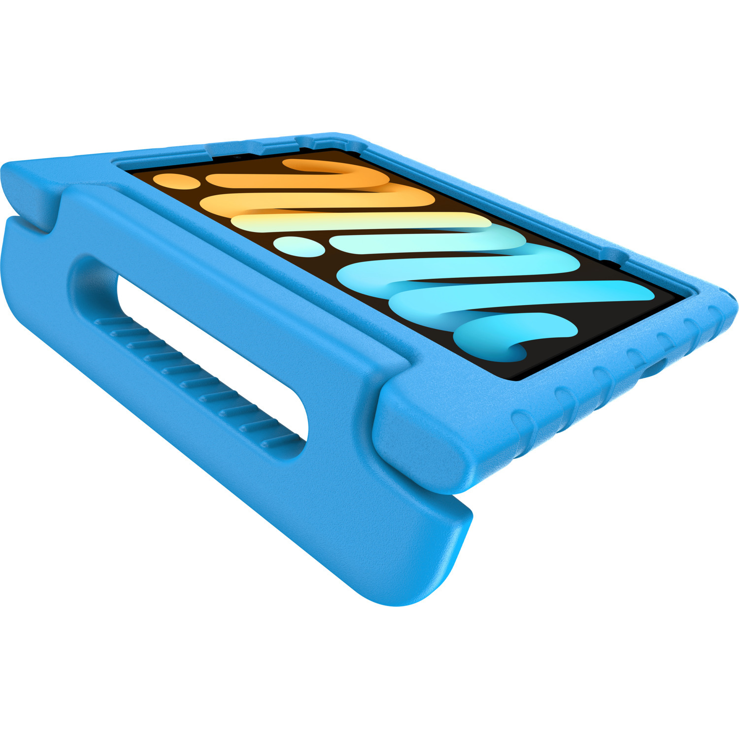 Étui bleu pour iPad mini avec support, montrant l'écran.