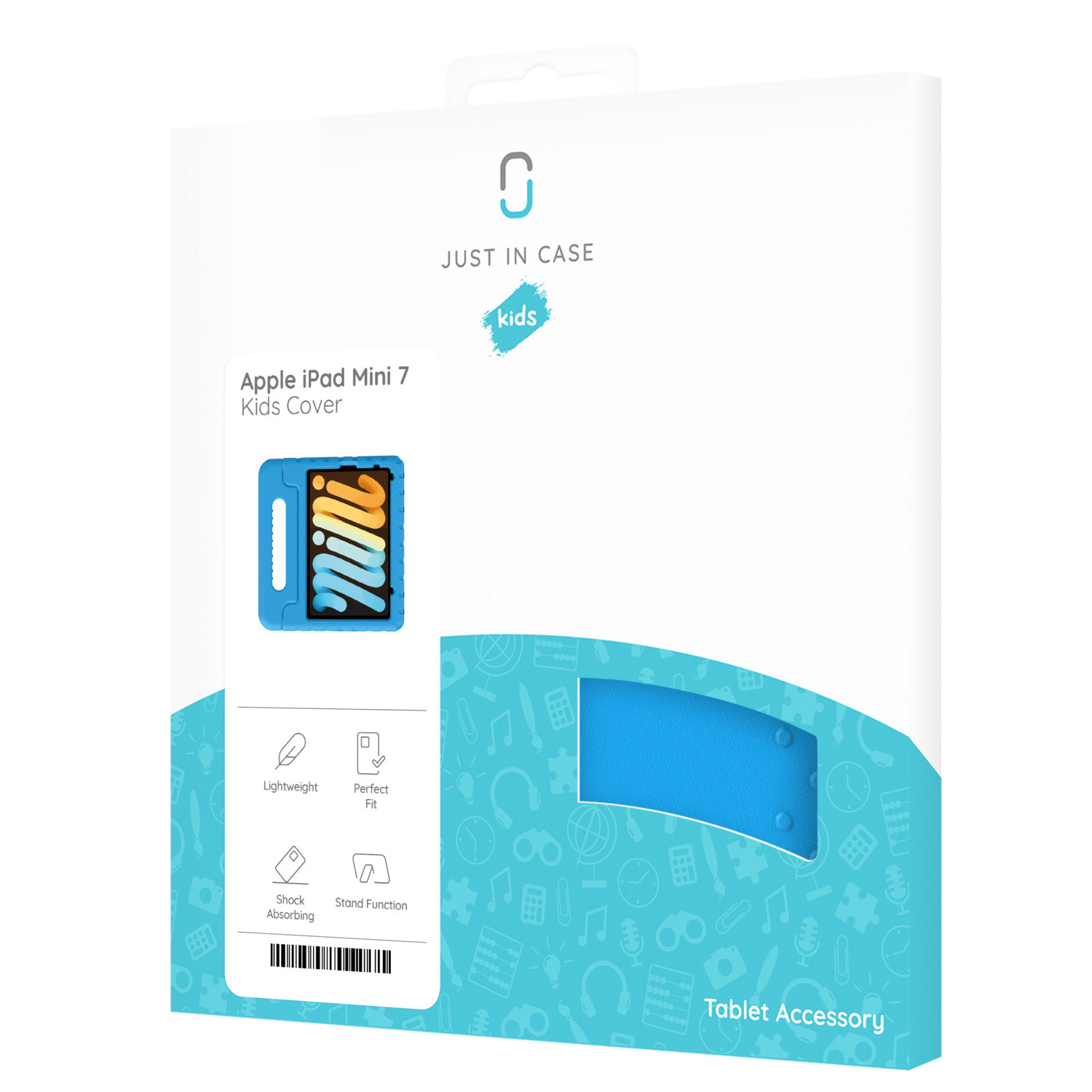 Une boîte blanche avec les mots 'JUST IN CASE' et une image d'un étui bleu pour iPad mini.