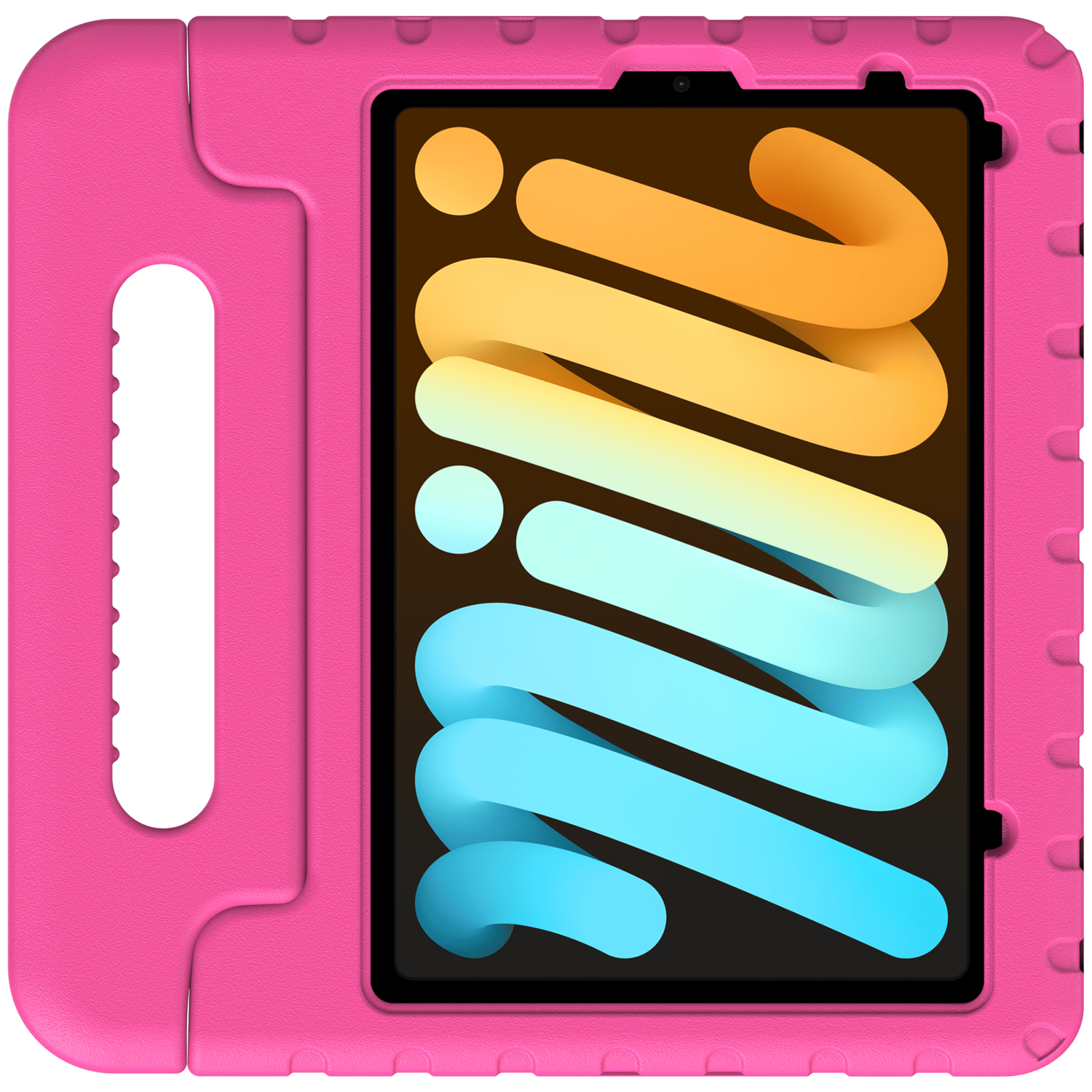 Un étui rose avec une tablette à l'intérieur. La tablette affiche un graphique coloré.