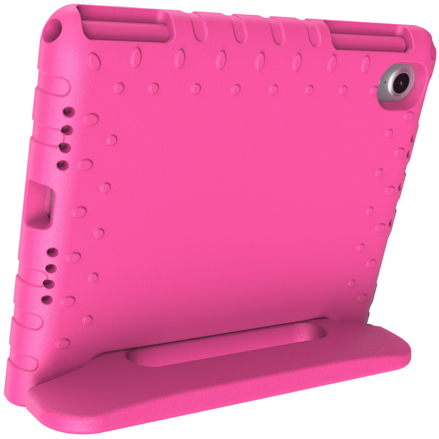 Étui rose pour iPad mini avec support, appareil photo et poignée.
