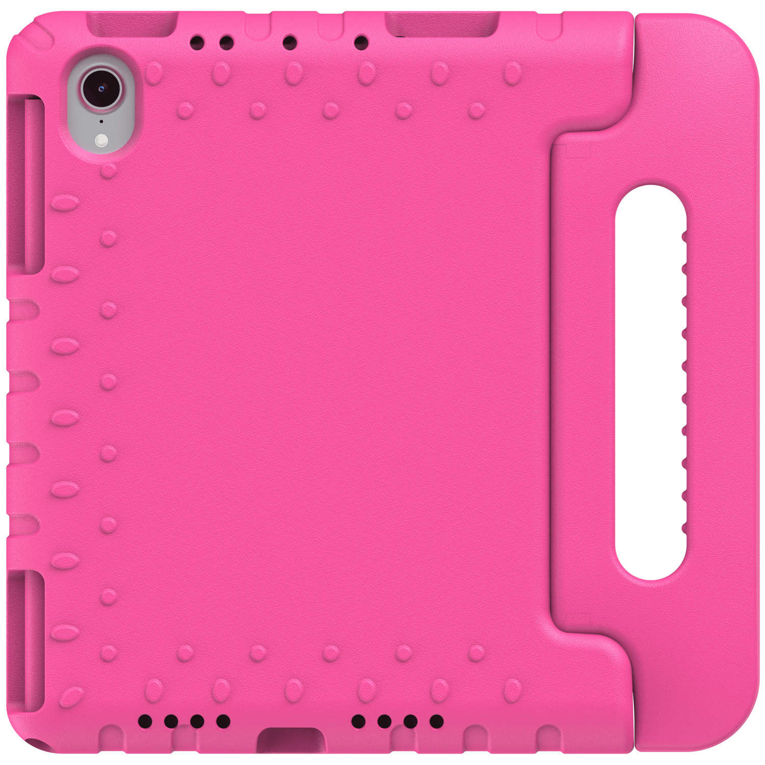 Étui rose pour iPad Mini avec poignée. Comprend trou caméra et découpes ports. Poignée latérale.