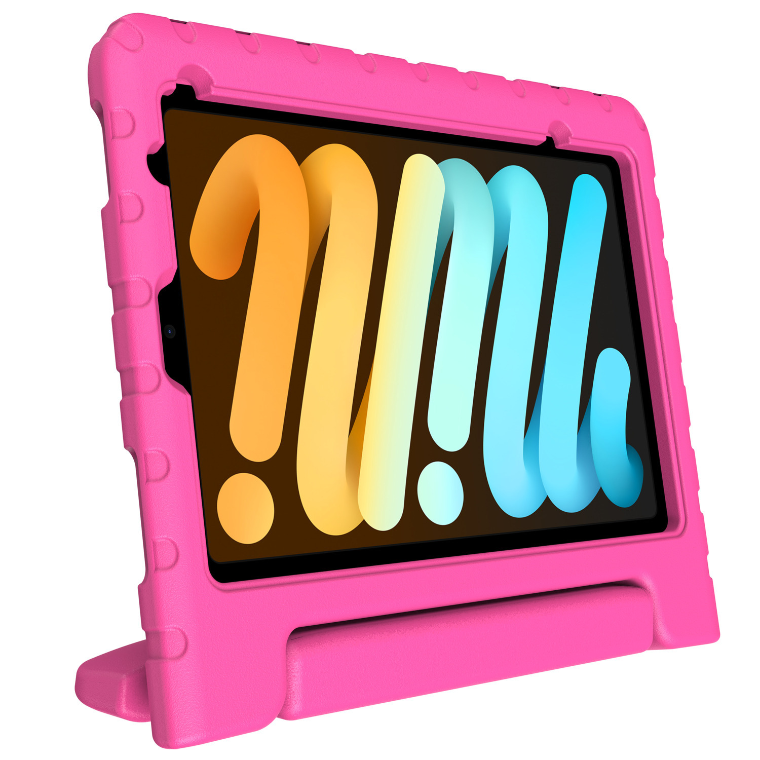 Étui de tablette rose avec support et tablette à l'intérieur.