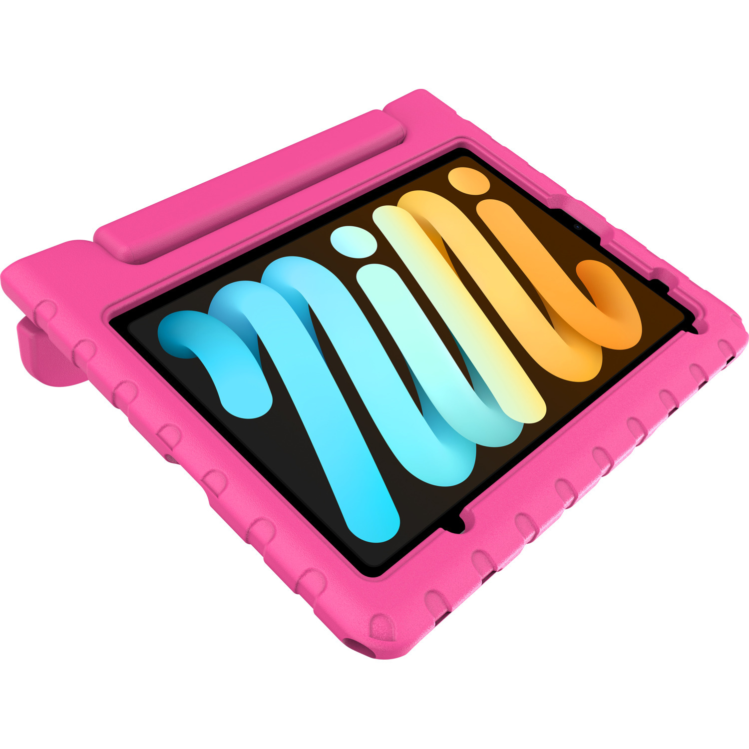 Étui rose pour iPad Mini avec tablette. La tablette affiche un graphique coloré. L'étui protège les boutons.