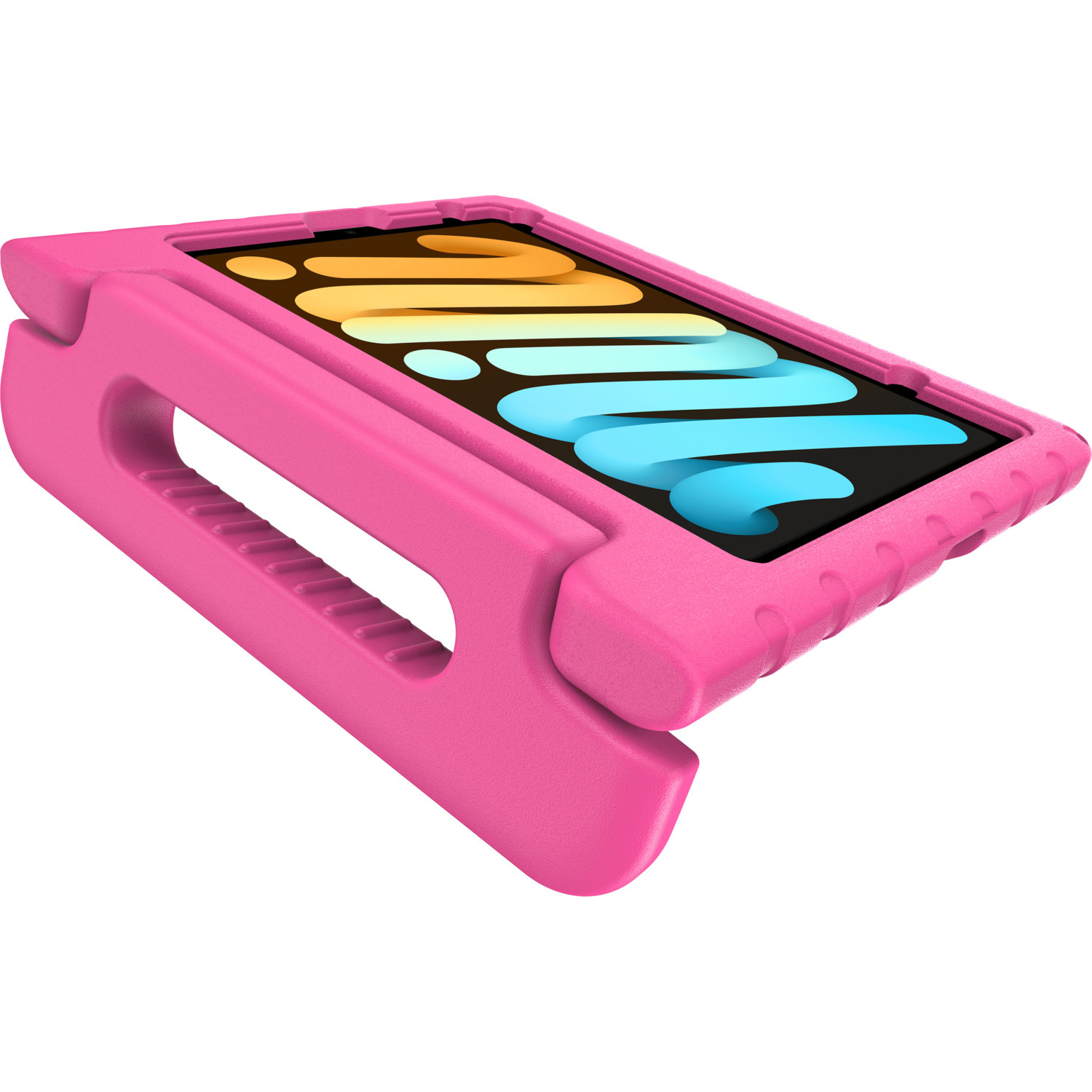 Étui de tablette rose avec une poignée. Une tablette est à l'intérieur.