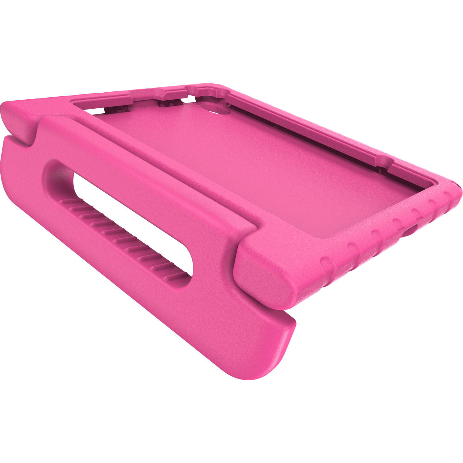 Étui rose pour iPad Mini avec poignée. La poignée offre une prise ferme. Conçu pour protéger et soutenir l'iPad.