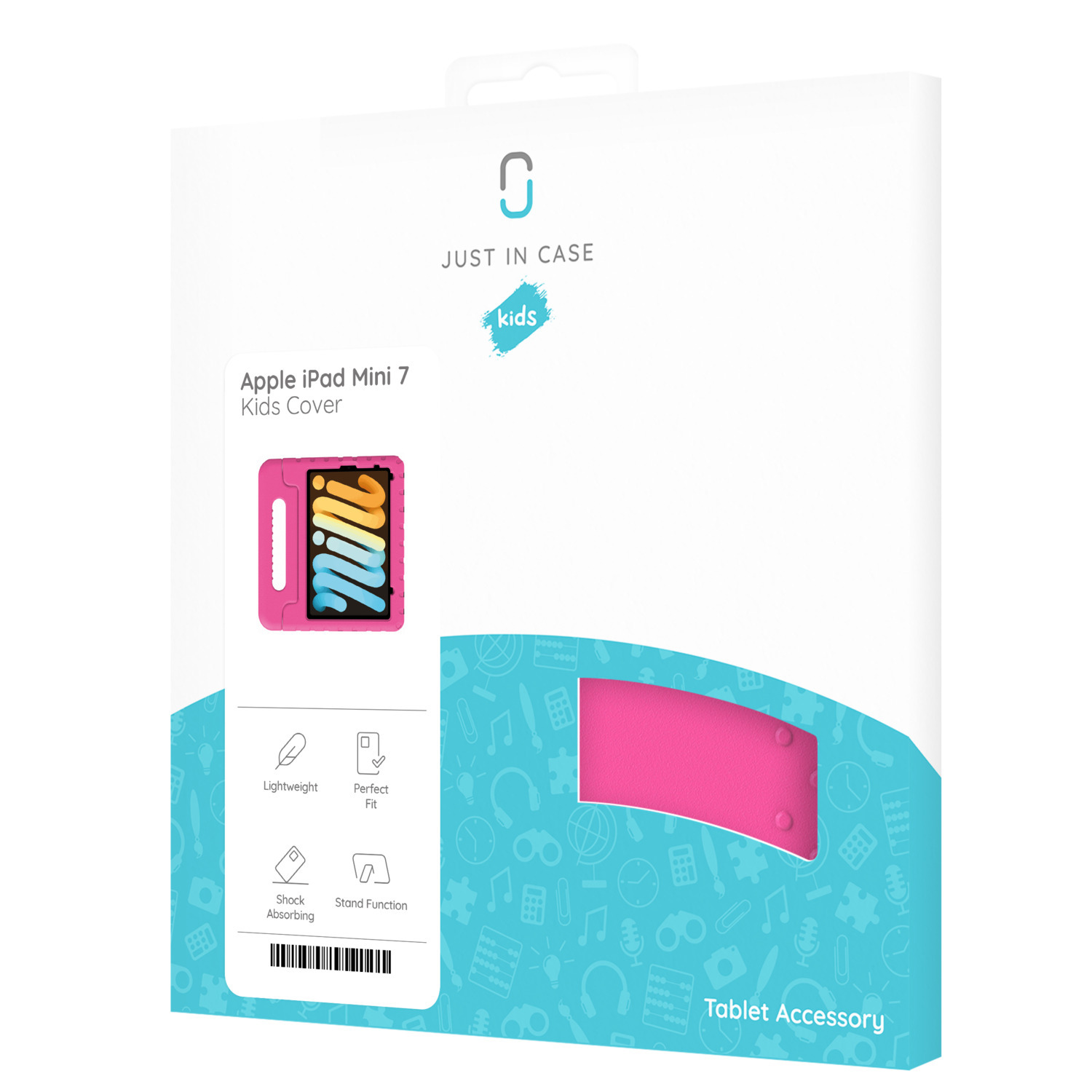 Boîte montrant un étui rose pour iPad Mini. Inclut texte Kids Cover et caractéristiques du produit, comme léger et ajustement parfait.