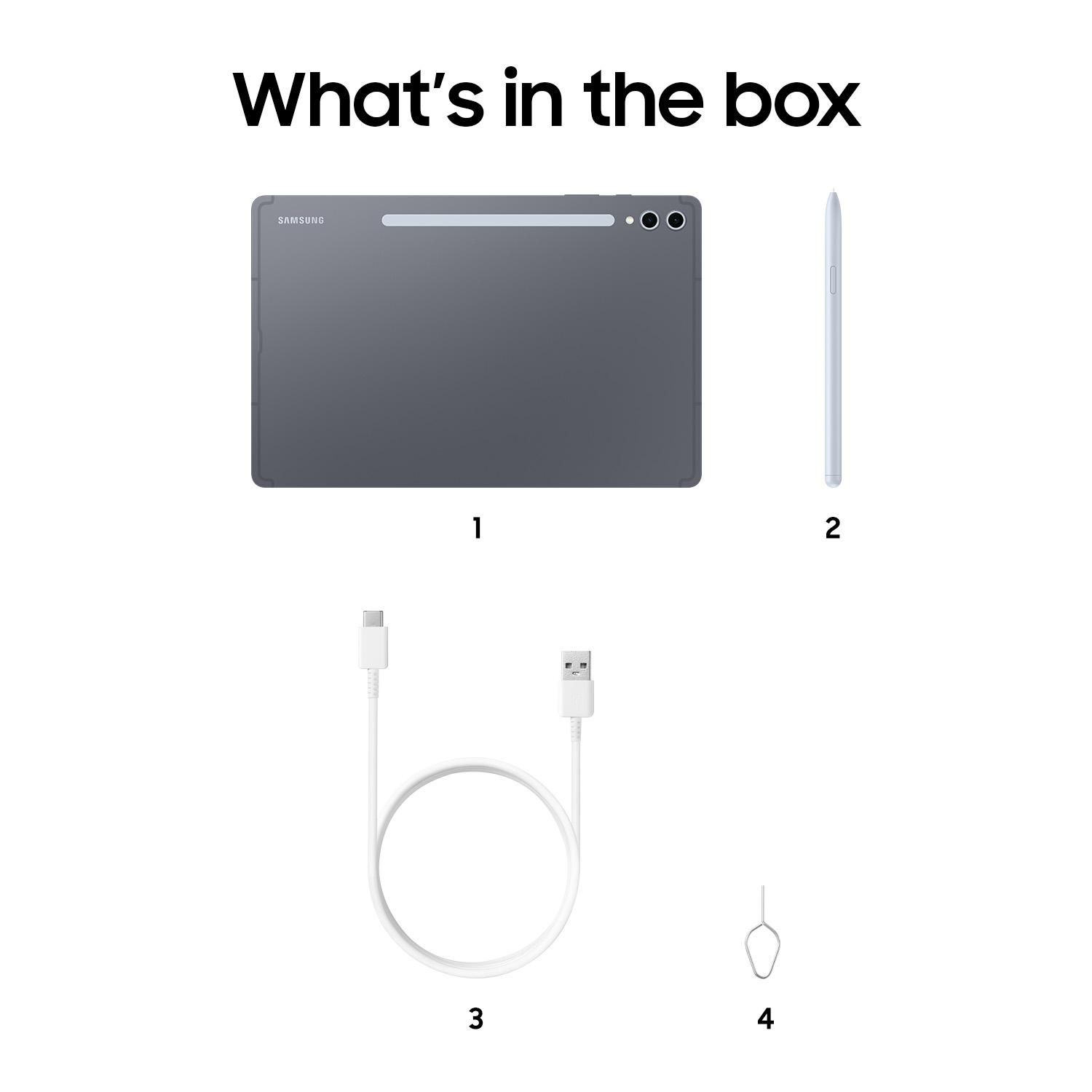 Samsung-Tablet, Eingabestift, Kabel und Stift auf weißem Hintergrund.
