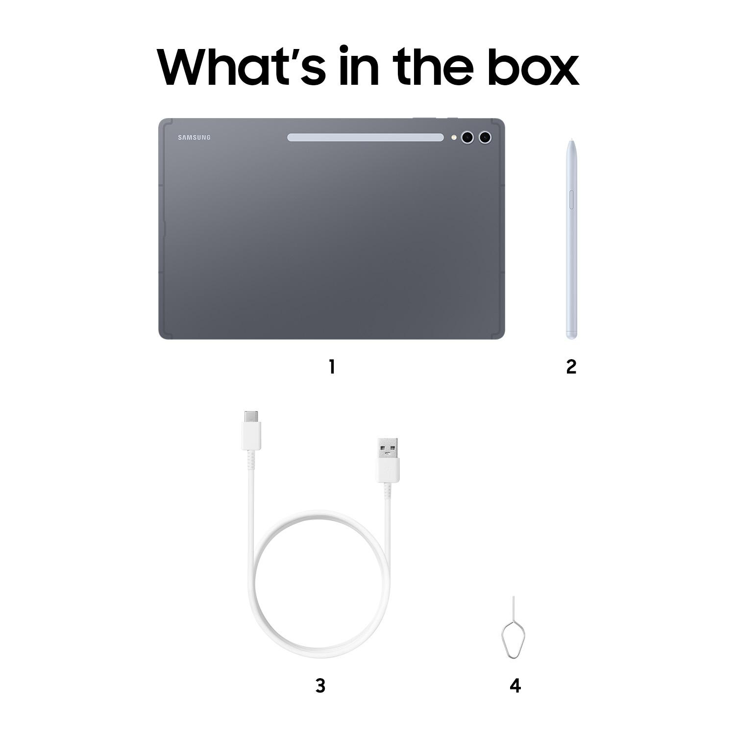 Das Bild zeigt ein Tablet, einen Stift, ein USB-C-Kabel, ein USB-A-Kabel und ein SIM-Tool.