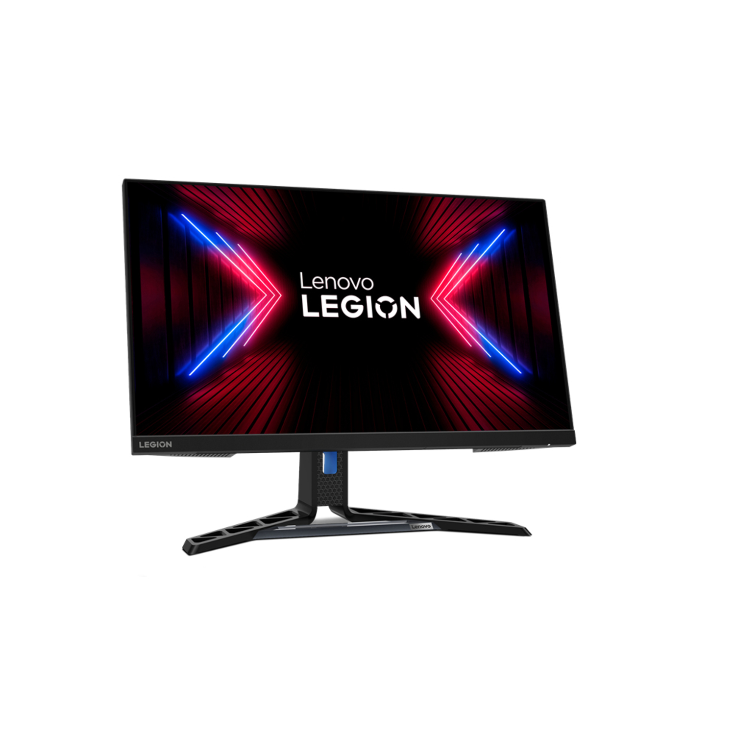 Moniteur Lenovo Legion sur fond blanc, avec un affichage rouge et bleu.