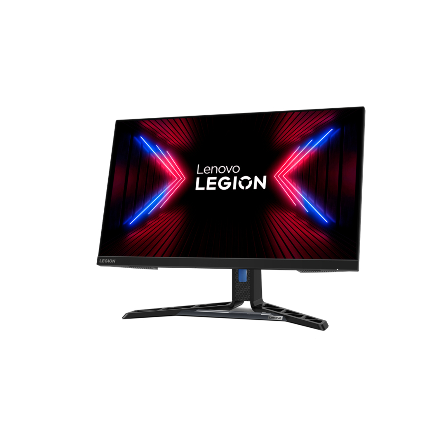 Moniteur Lenovo Legion sur fond blanc, avec un affichage rouge et bleu.
