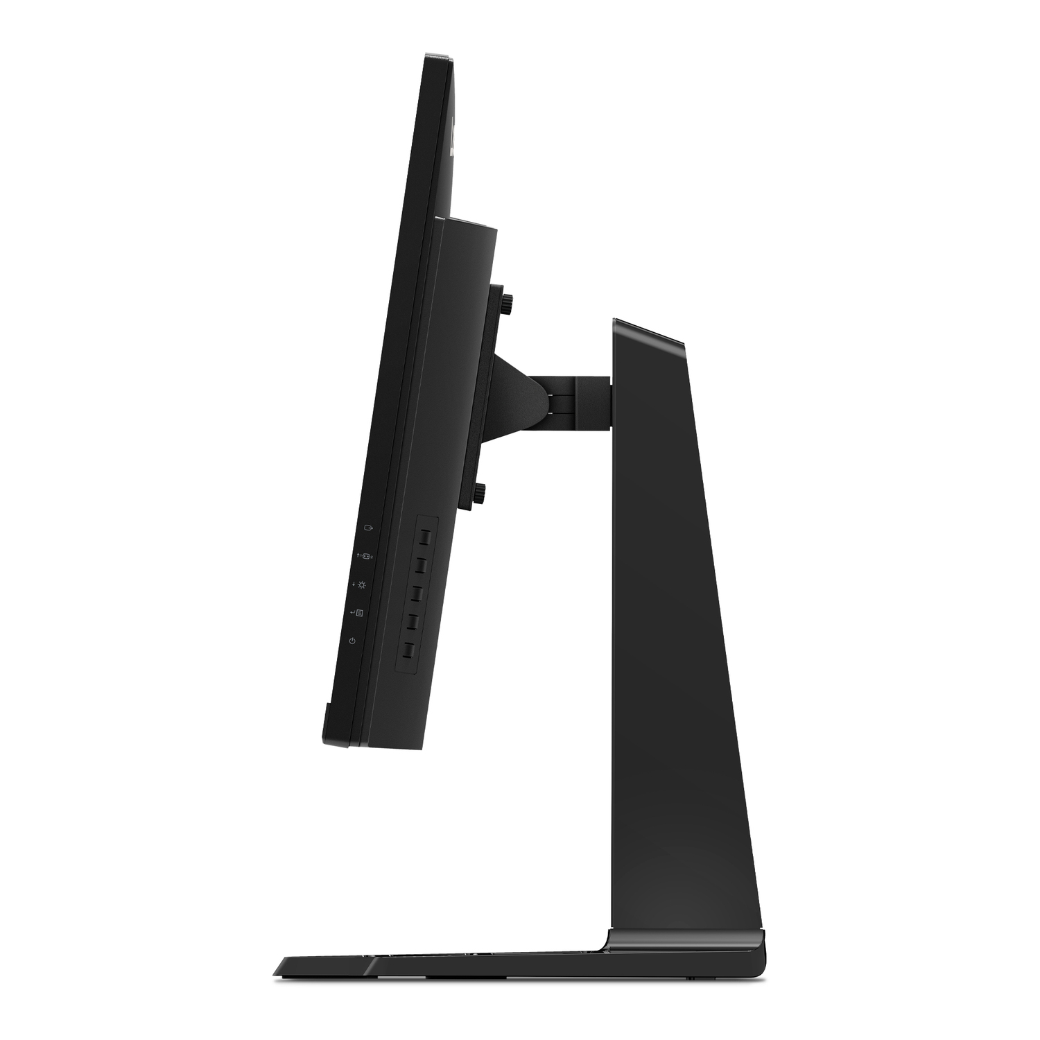 Side view of a black Lenovo Legion monitor. Features a stand, and ports on the side. White background.